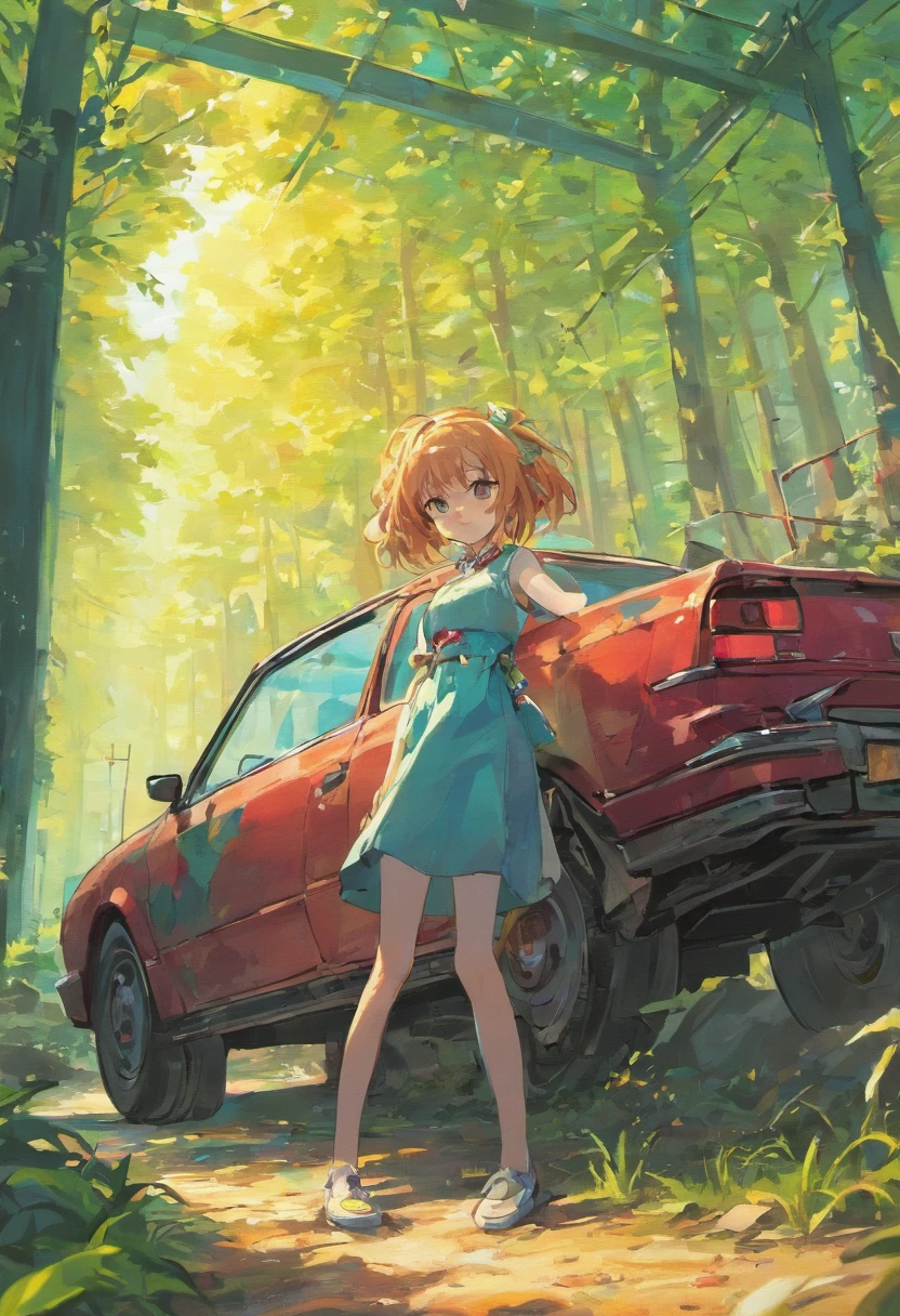 There are car sculptures in the park that commemorate abandoned cars、Graffiti wall about cars and civic children playing
