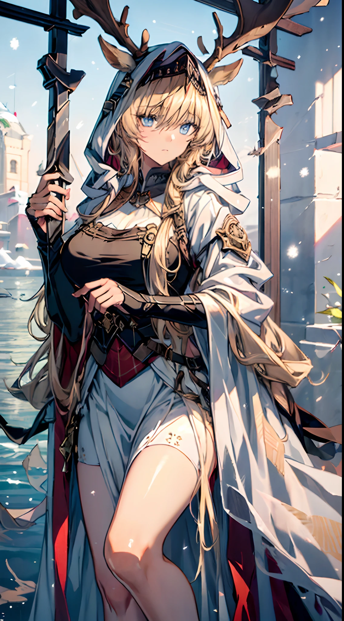 (((Masterpiece))),(incredibly_absurderes),(Best quality),(A high resolution),(Highly detailed),((CG unity 8k wallpaper)),one-girl,Solo,White skirt,A princess,nobles,apathy,There was a faint sadness in his eyes,opulent,Barefoot,Golden-white gradient hairs,Float on snow-covered water,diadems