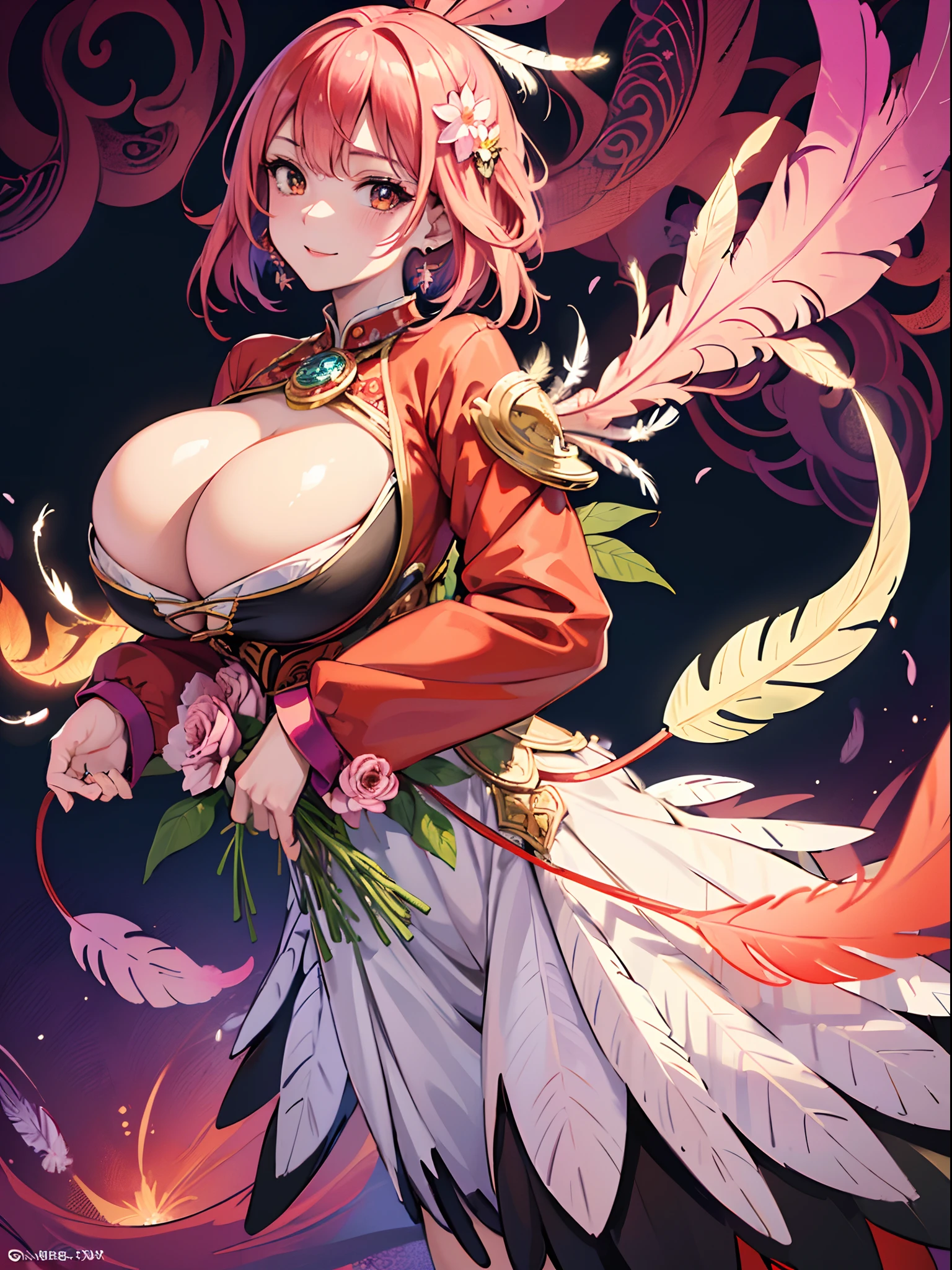 (masutepiece, of the highest quality, Best Quality, Official art, Beautiful and aesthetic:1.2), (1girl in:1.3), Extremely detailed,(Fractal Art:1.1),(Colorful:1.1)(Flowers:1.3),highest details,(Zentangle:1.2), (Dynamic Pose), (Abstract background:1.3), (Shiny skin), (Many colors:1.4), ,(earrings), (Feathers:1.5) , (Flamethrower:1.3),Red background,Phoenix dress,A pink-haired,Like 8000,((huge bust:1.5)),glad,Gentle smile,Give your audience a bouquet of flowers,
