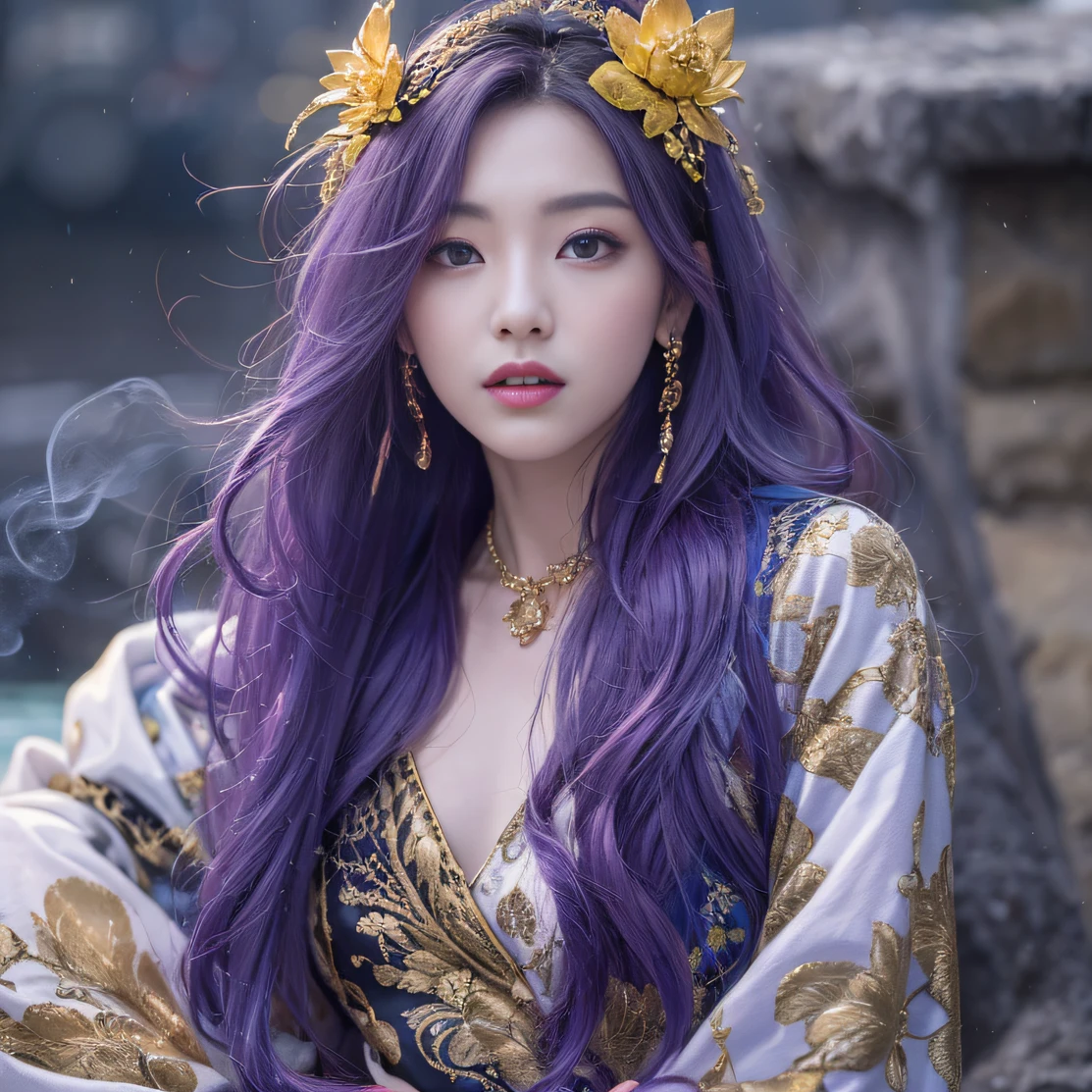 (masutepiece:1.3), (top-quality:1.3), ultra-detailliert, High resolution, Charming, cute little, (depth of fields), (Detailed eye), (detailed facial features), (Detailed fingers), (detailed clothes features), nffsw, 8K, skin tightening, (shinny skin), landscapes, Illustration, (dynamic compositions), Upper body, Pretty women, She wears a skimpy wizard costume, (Beautiful purple hair), Beautiful blue eyes, ((Beautiful eyes)), (Purple fox ears), White teeth, Hair ornaments, earrings, Bib Necklace, New York, central park, evening, Autumn, Surprised, Shine with colored light, Ethereal lighting,
