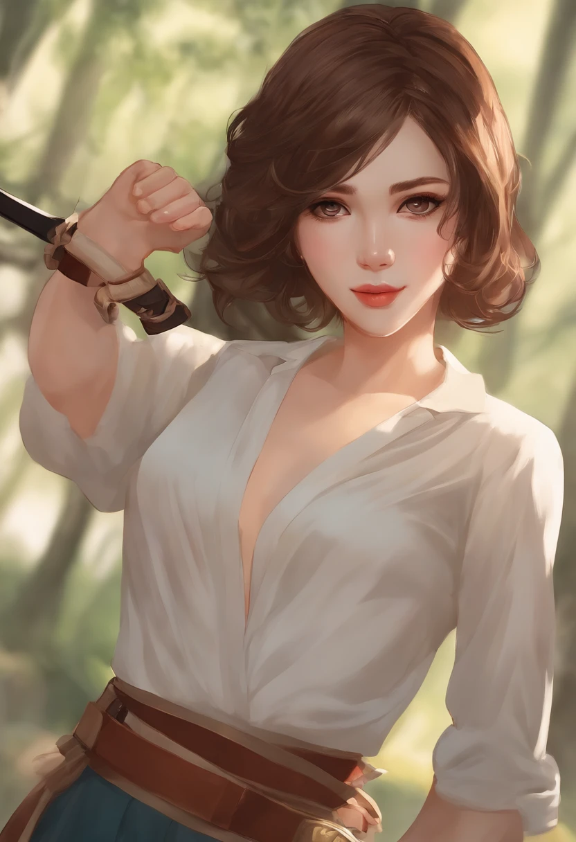 1girl, sozinho, Roupas japonesas, short hair, arma, espada, olhos castanhos, Olhando para o Viewer, quimono, brown hair, lips, hand on hip, bainha, sorrir, Katana, cabelos pretos, parte superior do corpo, boca fechada, Embainhados, Hand up