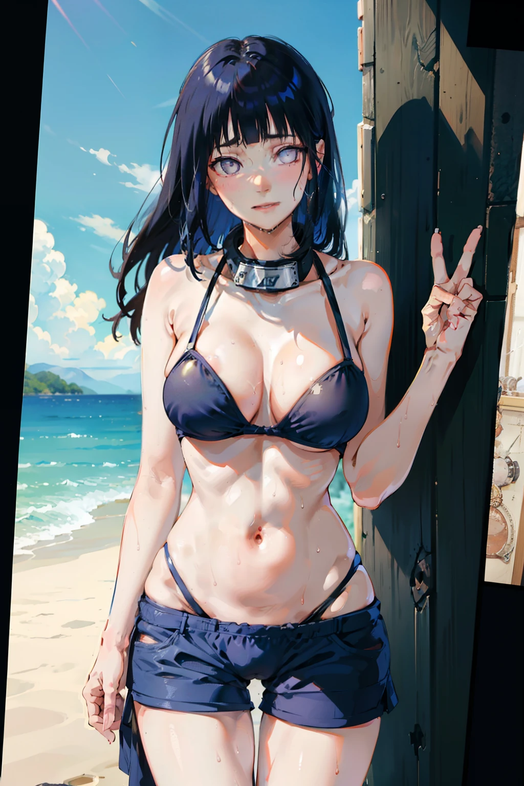 1girl, multiple boys, v sign, standing, cowboy shot, facing viewer, boxers, sandwiched, bikini, sweat, wet, shiny skin, narrow waist, black man,, masterpiece, best quality, highly detailed, hinata, blacked