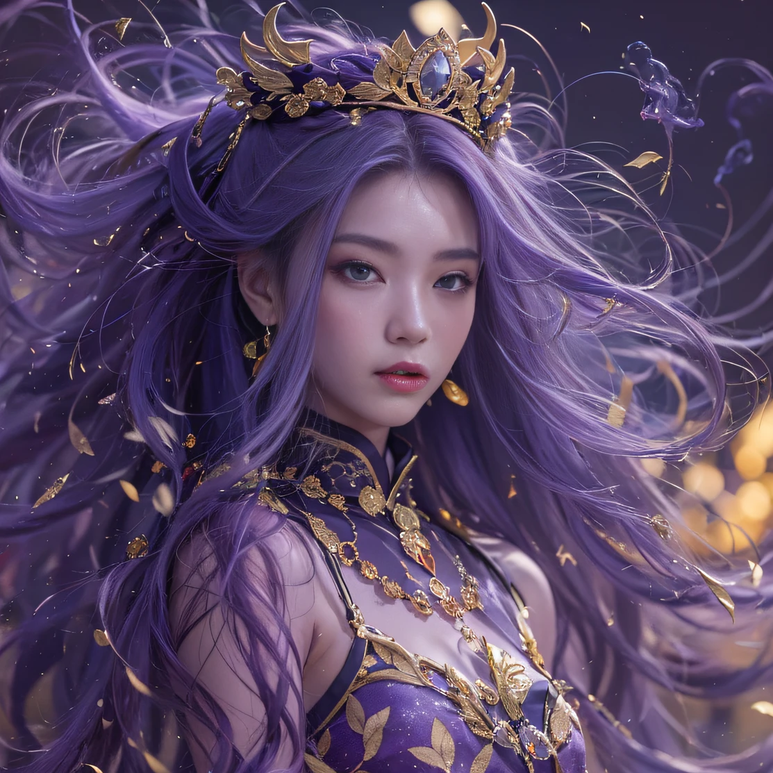 Genki Girl 32K(tmasterpiece,k hd,hyper HD,32K)Long flowing bright purple hair,Autumn Pond,zydink, a color, Asian people (Genki girl), (Silk scarf), Combat posture, looking at the ground, long whitr hair, Floating bright purple, Fire cloud pattern gold tiara, Chinese long-sleeved gold silk garment, (Abstract metaverse splash:1.2), white backgrounid,Lotus vitality protector(realisticlying:1.4),Bright purple hair,Smoke on the road,The background is pure, A high resolution, the detail, RAW photogr, Sharp Re, Nikon D850 Film Stock Photo by Jefferies Lee 4 Kodak Portra 400 Camera F1.6 shots, Rich colors, ultra-realistic vivid textures, Dramatic lighting, Unreal Engine Art Station Trend, cinestir 800,A girl with long flowing bright purple hair