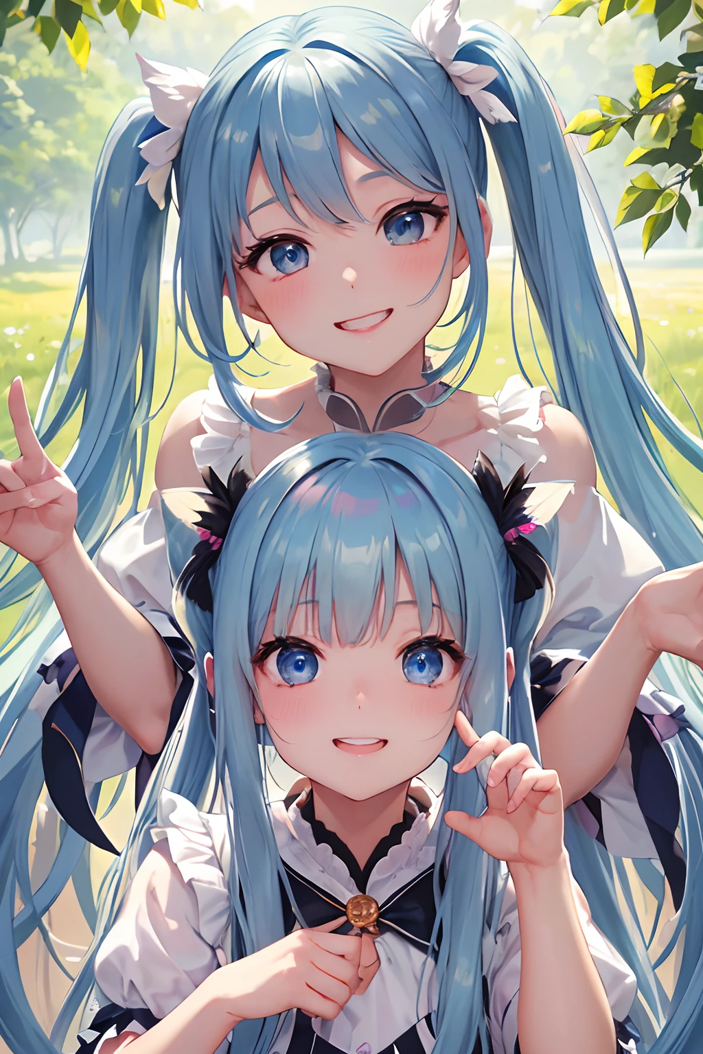 masterpiece:1.2、hightquality、top-quality、hight resolution、detaileds、A hyper-realistic、20Beauty of the same age、long hair with pink twin tails,,,,,,,、Beautiful blue eyes、tilt of the head、morning glow、Green grass々Shigi々、birdie、rainbows、portlate、Lovely smile、showing teeth、(A detailed face)、((foco nítido))、((faces))、The upper part of the body_Body