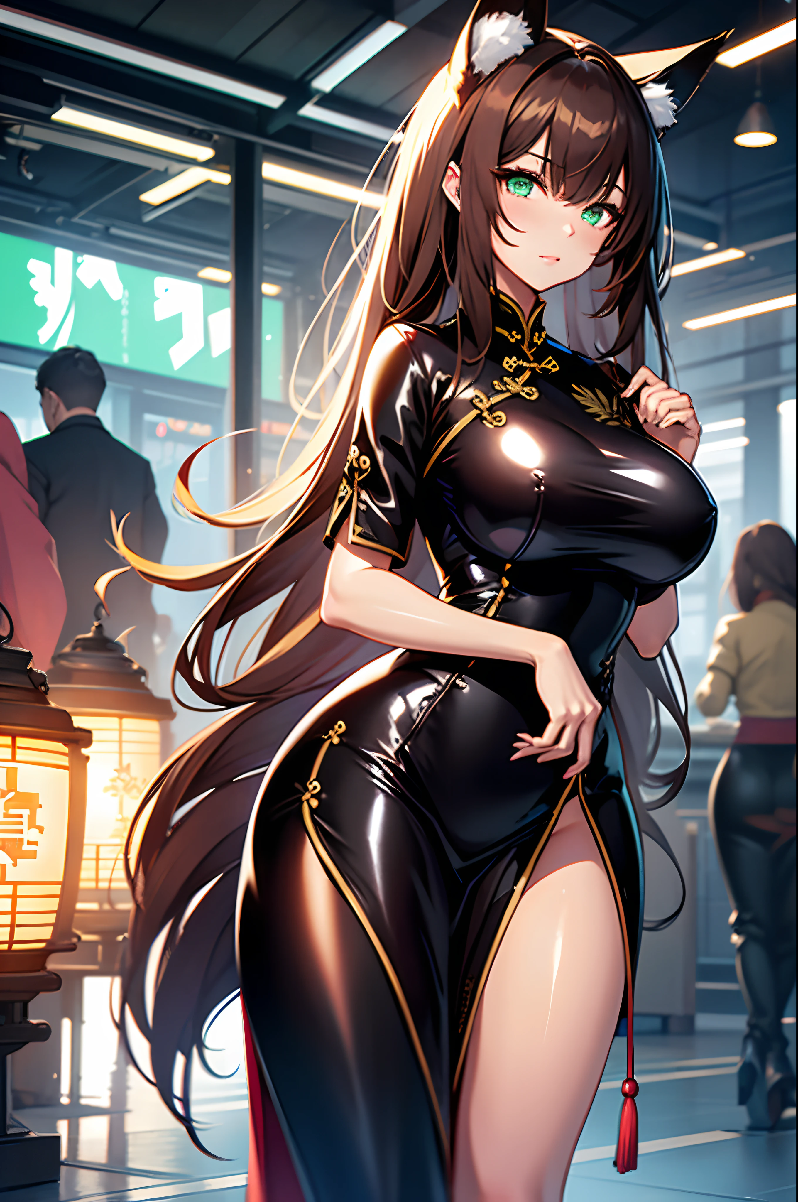one woman, fox ears, fox tail, mature woman, green eyes, dark brown hair, shiny clothes, Chinese dress, Cheongsam, sexy, SFW, latex, thick thighs, big breasts,