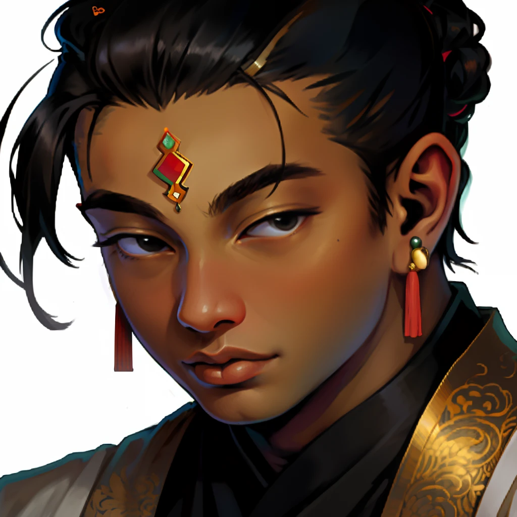 High detail, realistic, dark skin, Buddha figure, fat, human, big earlobes, white lips, three black lines on the forehead, Buddha hairstyle