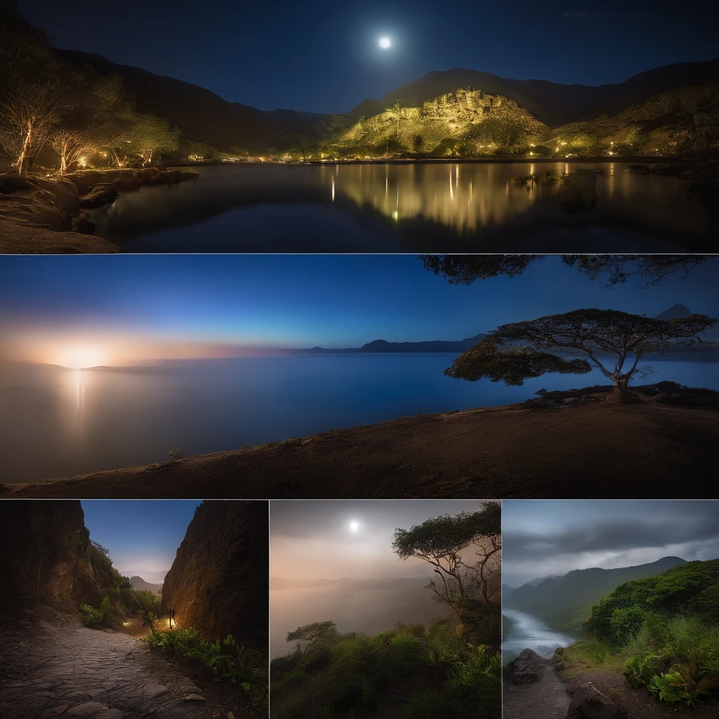 Magnificent view，Nighttime chanting of Tangula Mountain landscape photography，Cool background at night，The full moon hangs high in the air，It just rained，Bushes in the moonlight，breeze，mont，Clear and calm water，Boulders，Odd Peak，precipice，sprawling，desolated，Aloneness，Nightmare vision，Dark fantasy plot，Perfect and excellent composition，8K分辨率，the detail，Rain trails，dampness，water stain，very wide angle shot，Jack Guzman's environmental art photography，realisticlying，cinematic compositions，Volumetriclighting，vividness, A detailed, stunning skies, Colorful clouds float，true to life, Pubic area is clear, flawless perfection, Digital SLR, 16k, 1024, 2048, 4096, A detailed, Sharp, best qualtiy, high qulity, absurderes，unmanned background，The is very detailed、Detailed lighting shadows，Trends on ArtStation、iintricate、high detal、dramatics、Midjourney Art（Volumetriclighting：1.2）hdr shot。（Faraway view，Super deep view，ultra-wide-angle，Microfocal length lens：1.2）（realisticlying：1.4）tmasterpiece、high high quality、Beautiful photography、globalillumination