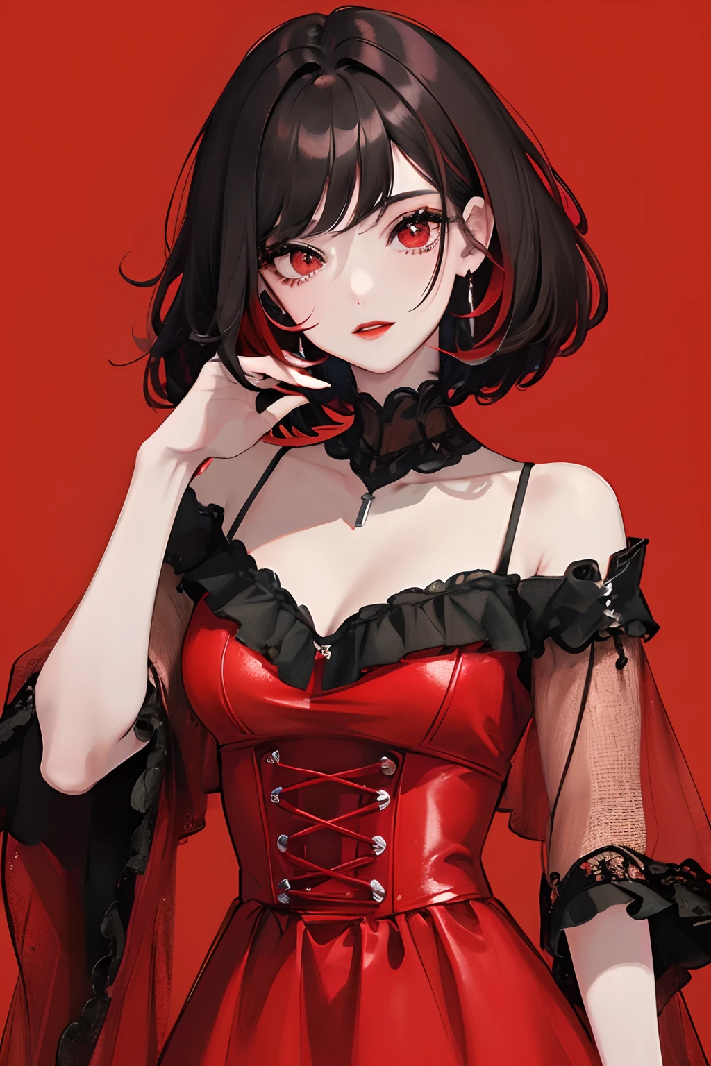 ultra hyper-detailed、High quality、best quality、Highly detailed、Accurate illustrations、pencil drawing、edge detection、sharpness、high contrast、highlight、photoRealstic、cinema light、８K、bright red background、RED GRADE BACKGROUND、Gradients、Men ina with dark skin、pretty girl、black dress、Bright red lipstick、Bright red eyeshadow、red eyes、Dark hair、short hair、Light short hair