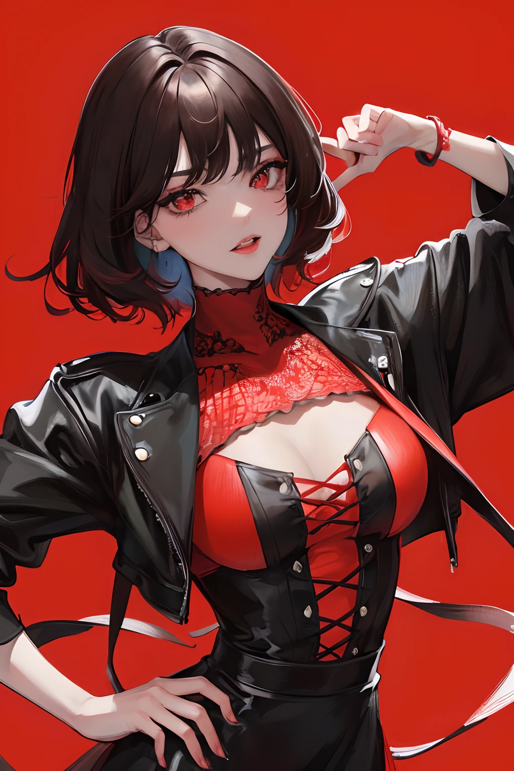 ultra hyper-detailed、High quality、best quality、Highly detailed、Accurate illustrations、pencil drawing、edge detection、sharpness、high contrast、highlight、photoRealstic、cinema light、8K、bright red background、RED GRADE BACKGROUND、Gradients、Men ina with dark skin、pretty girl、black dress、Bright red lipstick、Bright red eyeshadow、red eyes、Dark hair、short hair、Light short hair