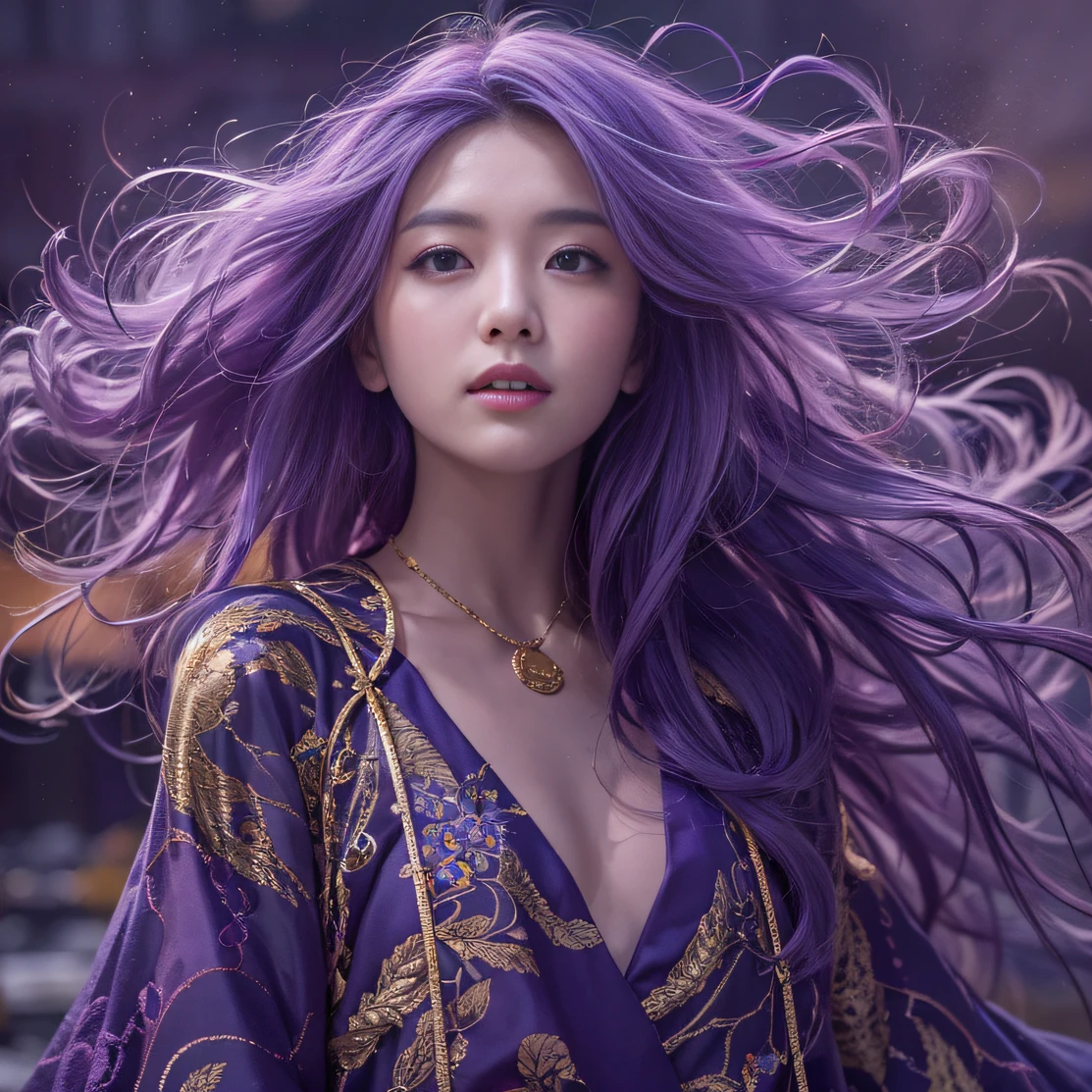 Genki Girl 32K（tmasterpiece，k hd，hyper HD，32K）Long flowing bright purple hair，Autumn Pond，zydink， a color， Asian people （Genki girl）， （Silk scarf）， Combat posture， looking at the ground， long whitr hair， Floating bright purple， Fire cloud pattern gold tiara， Chinese long-sleeved gold silk garment， （Abstract metaverse splash：1.2）， white backgrounid，Lotus vitality protector（realisticlying：1.4），Bright purple hair，Smoke on the road，The background is pure， A high resolution， the detail， RAW photogr， Sharp Re， Nikon D850 Film Stock Photo by Jefferies Lee 4 Kodak Portra 400 Camera F1.6 shots, Rich colors, ultra-realistic vivid textures, Dramatic lighting, Unreal Engine Art Station Trend, cinestir 800，A girl with long flowing bright purple hair