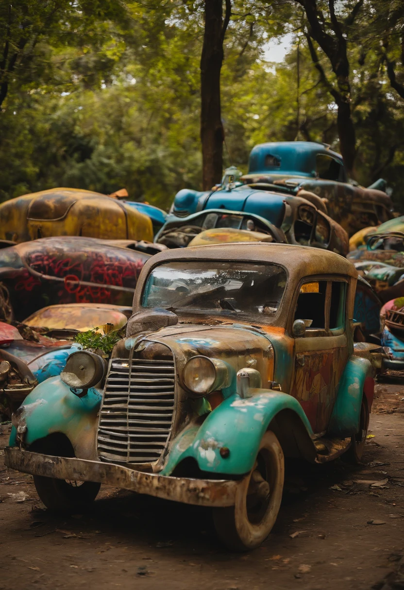 There are car sculptures in the park that commemorate abandoned cars、Graffiti wall about cars and civic children playing