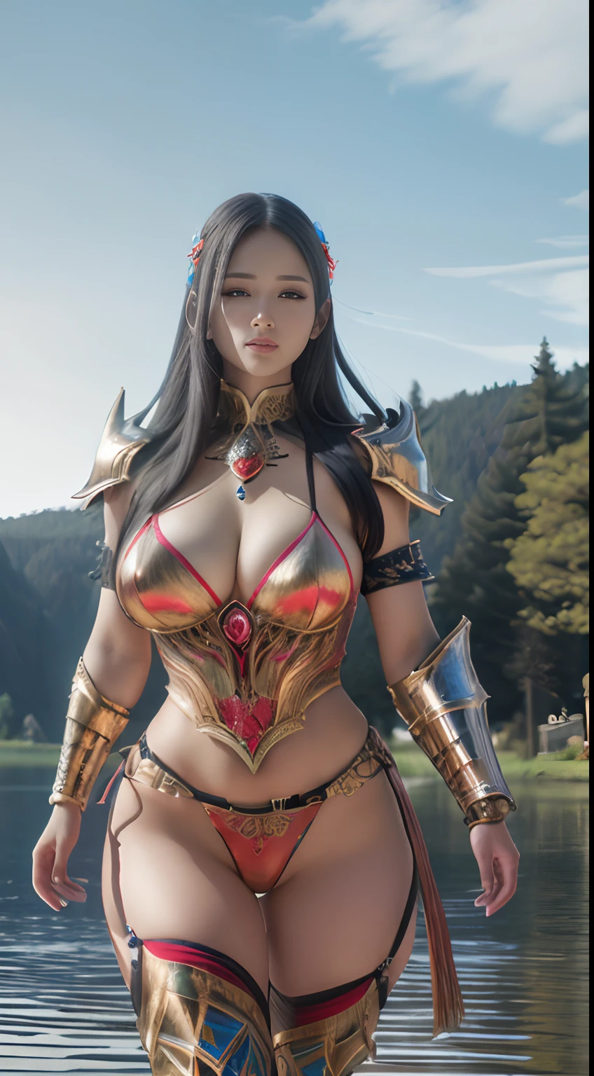 masterpiece, best quality, {best quality}, {{masterpiece}}, {highres}, {{{field field}}, beautiful woman in armor, no cloth, super plump breasts, jeweled bikini armor, mixed colored armor red and blue, yoshitakka amano karol, female warrior, stunning realistic art, detailed and very stylish fantasy armor, with ornamental looking armor, walking on the lake, deep forest,
