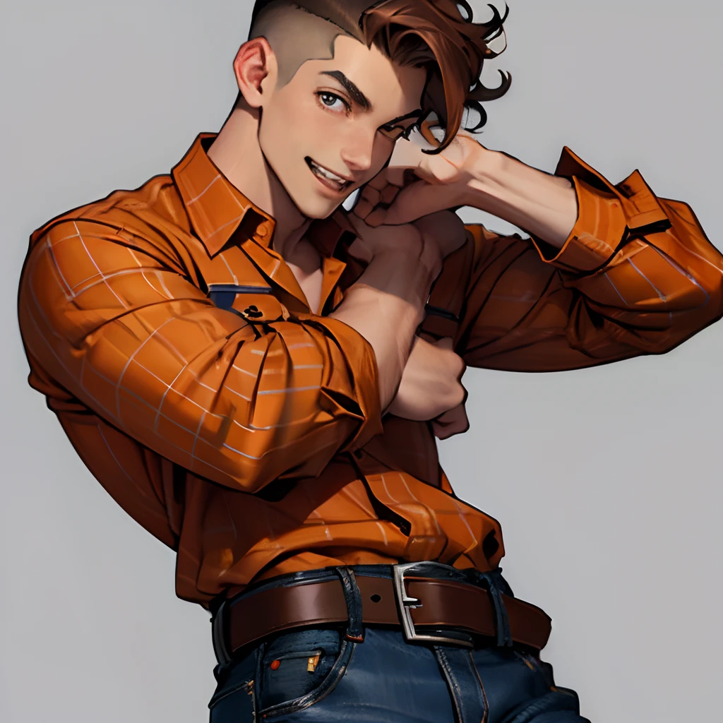 One Man, Male Focus, Brown hair, Shirt, Orange checked shirt, Short hair, Raised eyebrows, Big eyes, drooping eyes, Undercut, Short brown perm, Curly hair, Trimmed hair, a belt, jeans, A smile, Open mouth, the pose , short man, Simple background、cute little