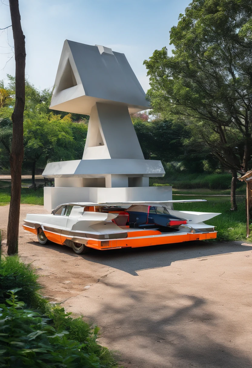 There are car sculptures in the park that commemorate abandoned cars、Graffiti wall about cars and civic children playing