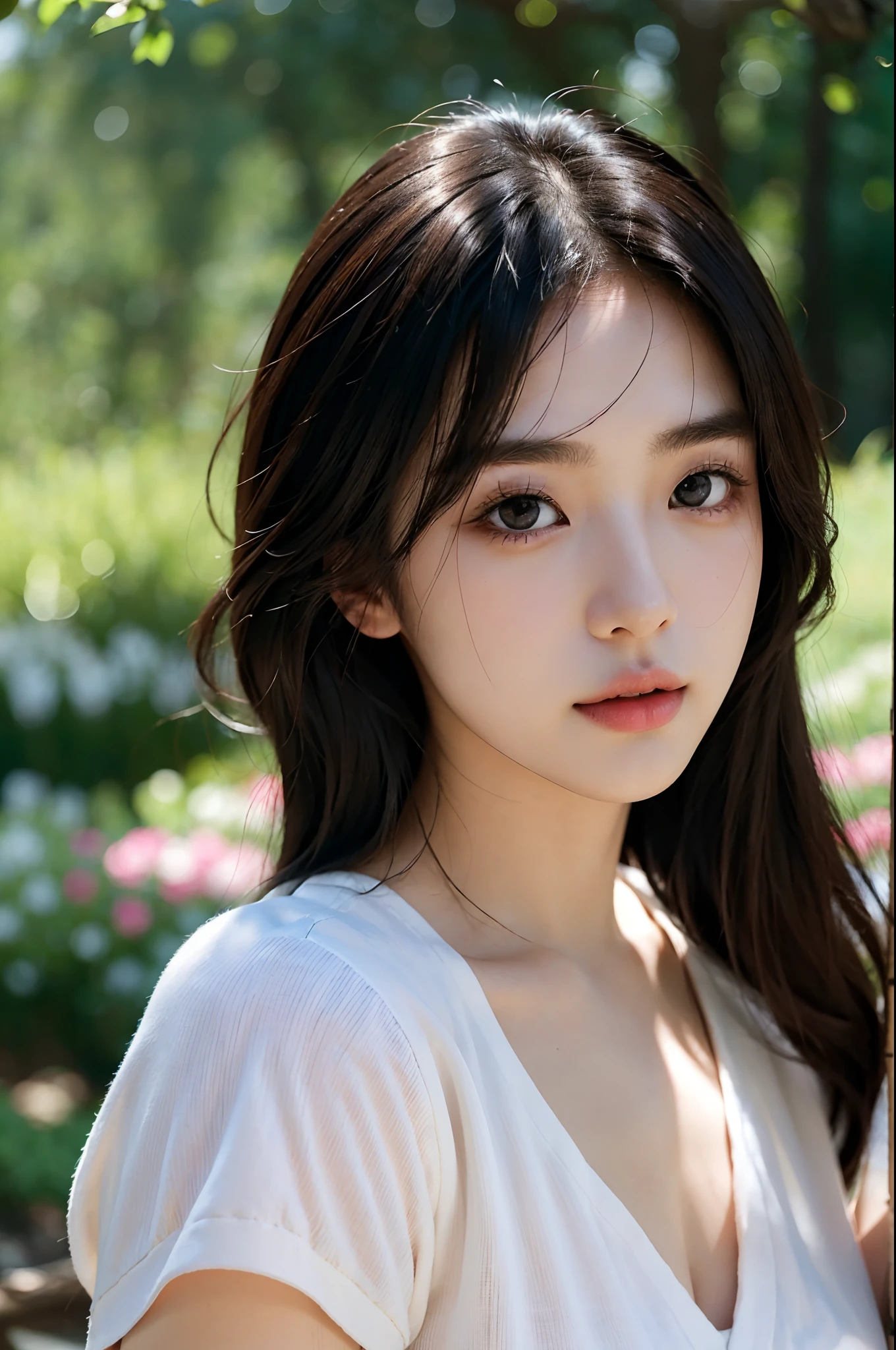 Korean model,Japanese and Korean beauties,(Girl in the garden), (Beautiful detailed eyes,beautiful detailed lips,Extremely detailed eyes and face,long eyelasher),Underwear model,Photorealistic:1.37,Ultra-detailed,professional,sportrait,Vivid colors,Studio lighting,soft pastel tones,Bokeh