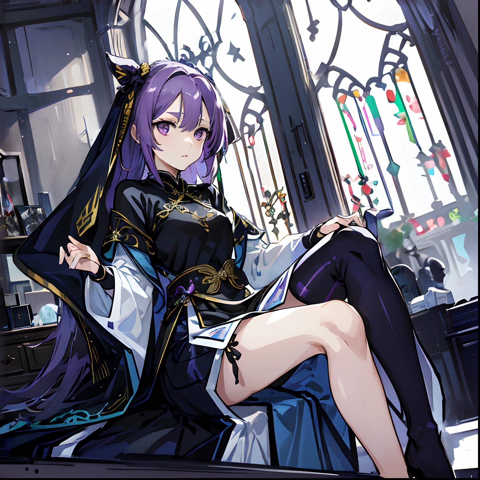 best qualtiy,tmasterpiece,Ultimate Resolution, long purple hair, braided, navy cheongsam, metamorphosis is exposed,blue ribbon