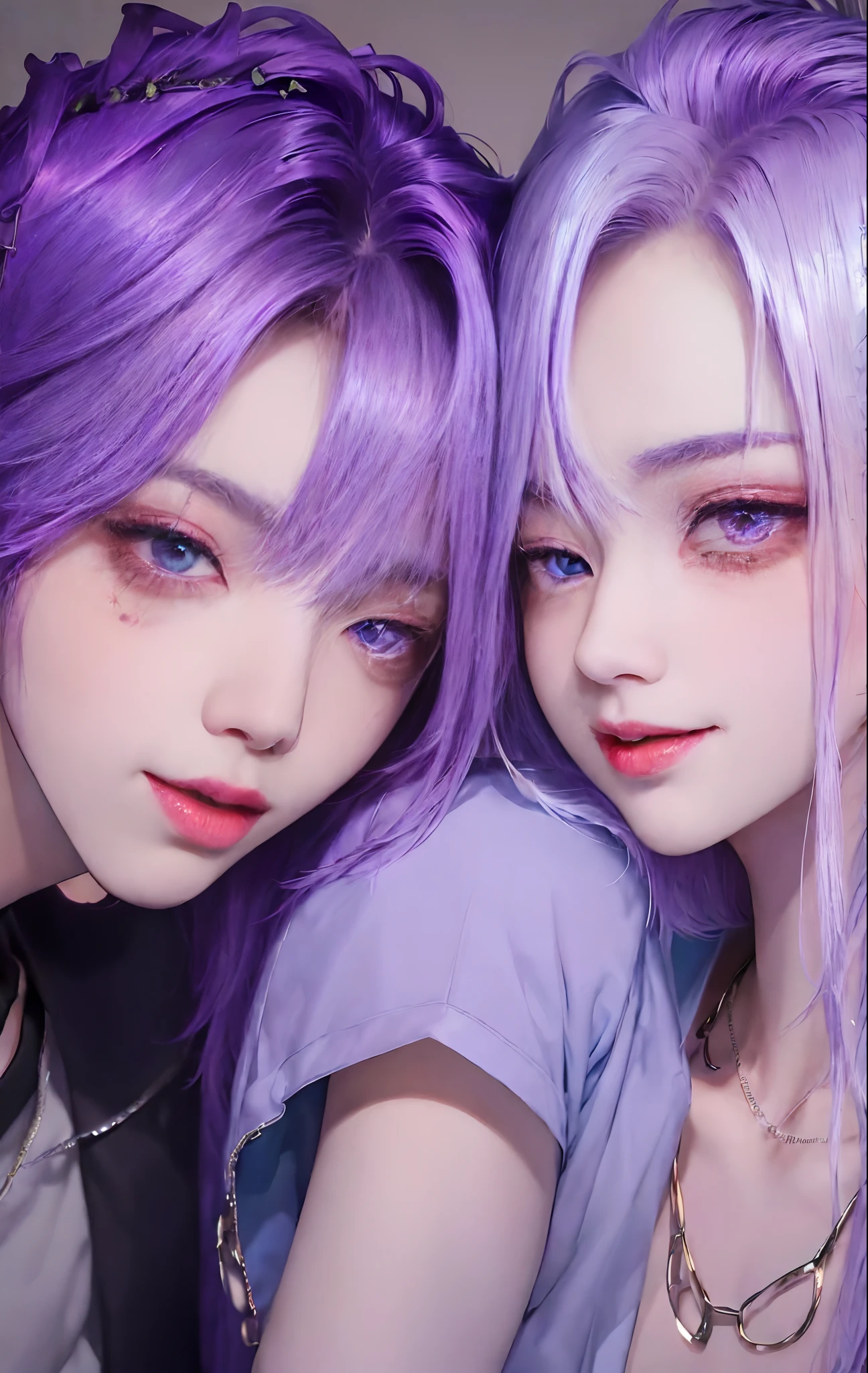 ​masterpiece, top-quality, 2Others, ((Male couple)), 1 man and 1,, Adults, Height difference, different fashion, different color, finely eye and detailed face, intricate detailes, Casual clothing, Oversized shirt, Modern urban streets, A smile, Happiness, tenderness, queers, high-level image quality、 ((Two beautiful men))、tall、The upper part of the body、nightfall、nighttime scene、𝓡𝓸𝓶𝓪𝓷𝓽𝓲𝓬、Two Men Kissing, Korean Male, Idol Photos, k pop, Professional Photos, Vampires, Korean fashion in black and white, Fedoman with necklace, inspired by Sim Sa-jeong, androgynous vampire, :9 detailed face: 8, extra detailed face, detailed punk hair, ((eyes are brown)) baggy eyes, Seductive. Highly detailed, semi realistic anime, Vampires, hyperrealistic teen, delicate androgynous prince, imvu, short hair above the ears, Man with short hair, ((Purple-haired man with a glaring expression and a man with light blue hair with a gentle expression)), ((With a short-haired man with bright purple hair)), ((Man with light blue hair)), kiss together, Kissing each other, ((Two people))