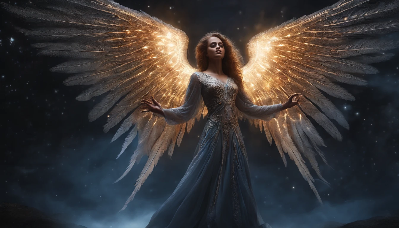 cosmic fallen angel, olhos claros brilhantes, Biomechanicals, estranho, assustador, Pesadelo, cores muito brilhantes, light particles, com luz brilhante, Mshiff, Arte do papel de parede, Papel de parede UHD