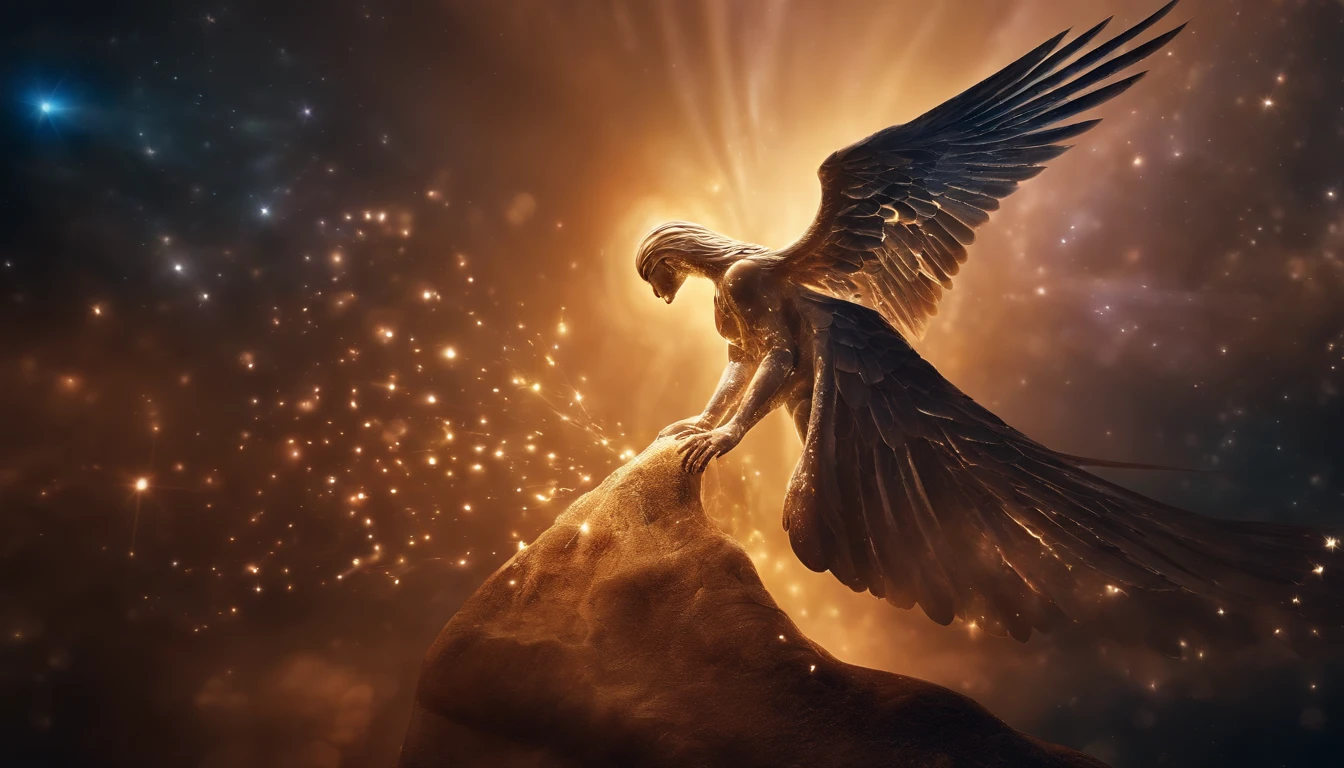 cosmic fallen angel, olhos claros brilhantes, Biomechanicals, estranho, assustador, Pesadelo, cores muito brilhantes, light particles, com luz brilhante, Mshiff, Arte do papel de parede, Papel de parede UHD