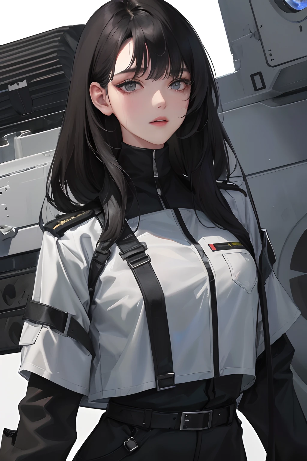 (highest resolution, distinct_image) Best quality, one woman, masterpiece, highly detailed, semi realistic, short black hair, black hair, gray eyes, bangs, 21 years old, shoulder length hair, mature, young, black clothing , black uniform, military uniform, spaceship space, exquisite facial features, facial features