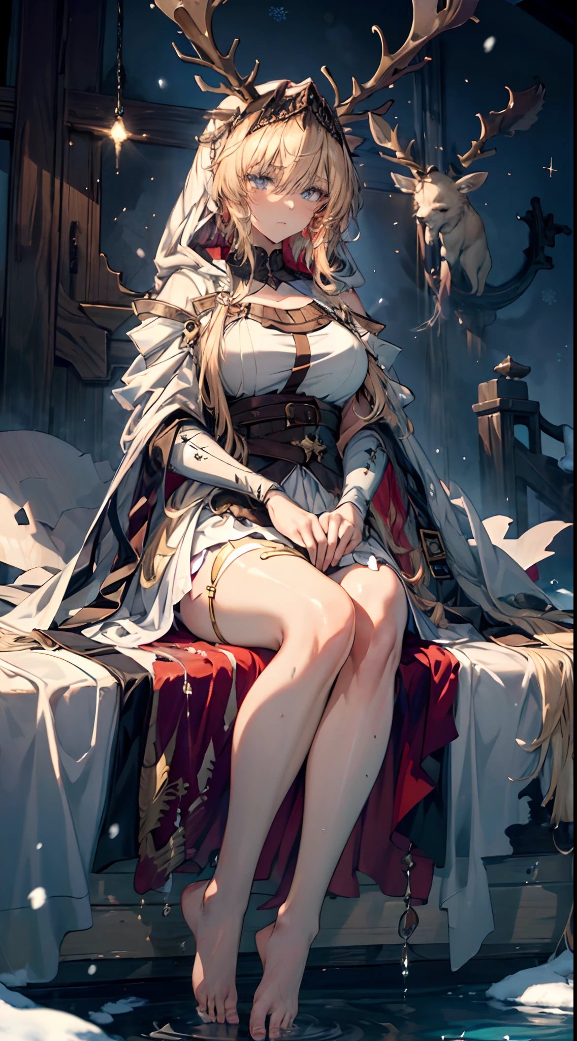 (((Masterpiece))),(incredibly_absurderes),(Best quality),(A high resolution),(Highly detailed),((CG unity 8k wallpaper))，one-girl，Solo，White skirt，A princess，nobles，apathy，There was a faint sadness in his eyes，opulent，Barefoot，Golden-white gradient hairs，Float on snow-covered water，diadems