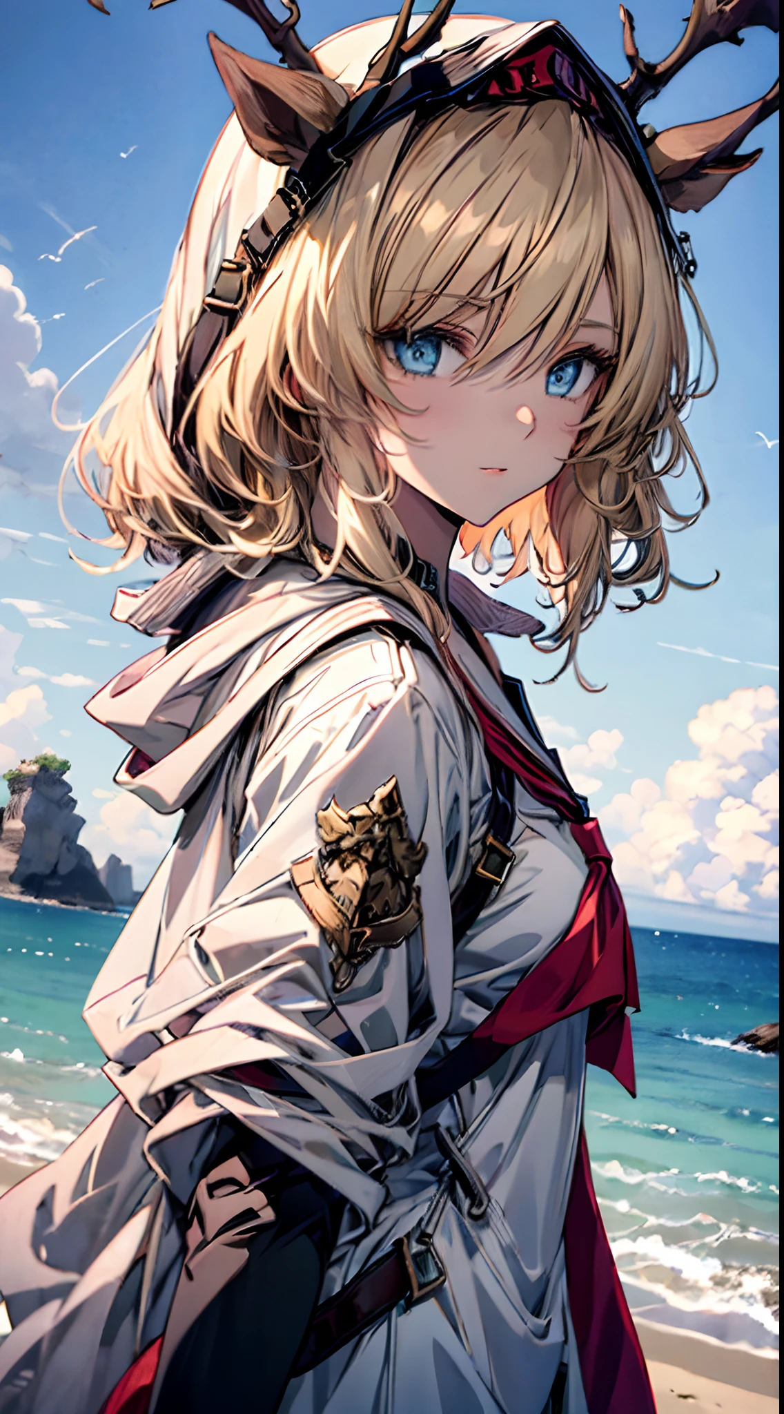 {Best quality}, {{Masterpiece}}, {A high resolution}, Original, Extremely detailed 8k wallpaper, 1girll, {An extremely delicate and beautiful}, Beautiful detailed eyes,White hair, Blue eyes,{intricately details},Short hair,Cinematic lighting,Ray tracing,{Summer beach},{{{serafuku}}},{{{{Happy expression}}}},holding ice cream,Upper body, {{{From the side Side}}}, Dynamic Angle,{Dynamic cloth},{{Cute}},