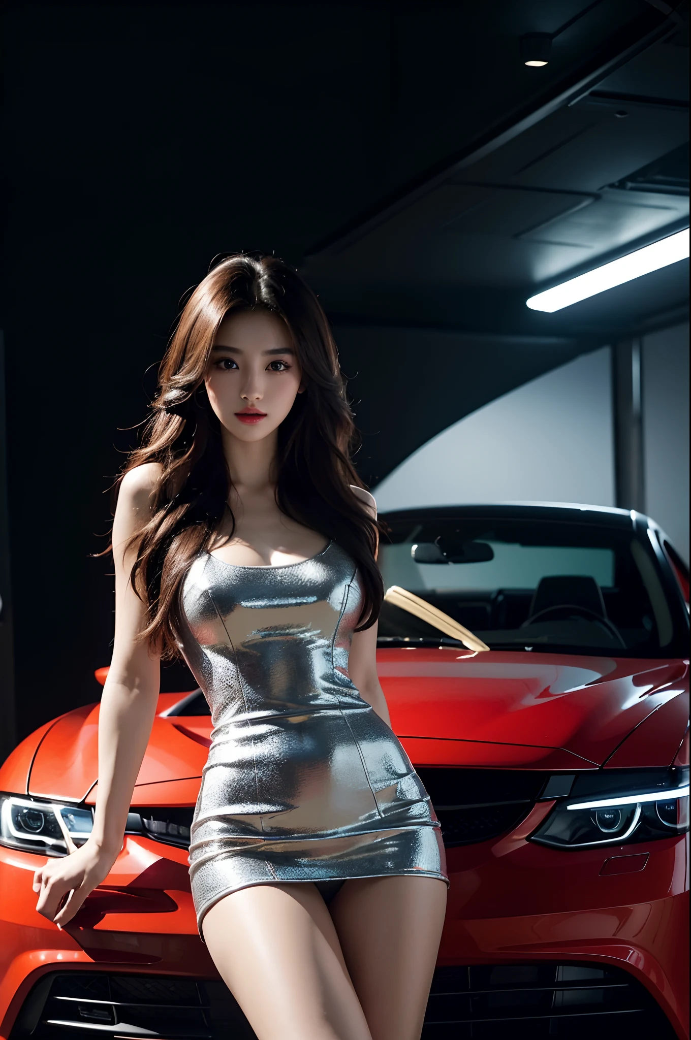 (Best quality,4K,8K,A high resolution,Masterpiece:1.2),Ultra-detailed,(Realistic,Photorealistic,photo-realistic:1.37),Car model,korean beautifull girl,mesmerizing looks,stunning features,Perfectly styled hair,Beautiful eyes with long eyelashes,Full and luscious lips,Flawless complexion,slim and toned body,Wear a stylish and elegant dress,Show yourself confidently in front of a luxury sports car,The brilliant lights highlight her beauty,Bright colors enhance the overall image,Studio setup with professional photography techniques,Showcasing the perfect combination of beauty and automotive craftsmanship.