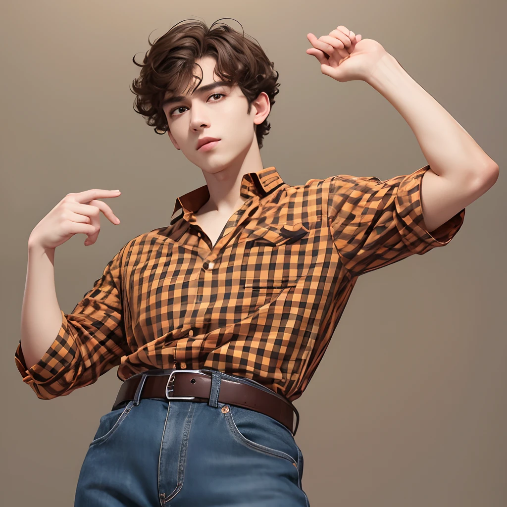 One Man, Male Focus, Brown hair, Shirt, Orange checked shirt, Short hair, Raised eyebrows, Big eyes, drooping eyes, Undercut, Short brown perm, Curly hair, Trimmed hair, a belt, jeans, A smile, Open mouth, the pose , short man, Simple background