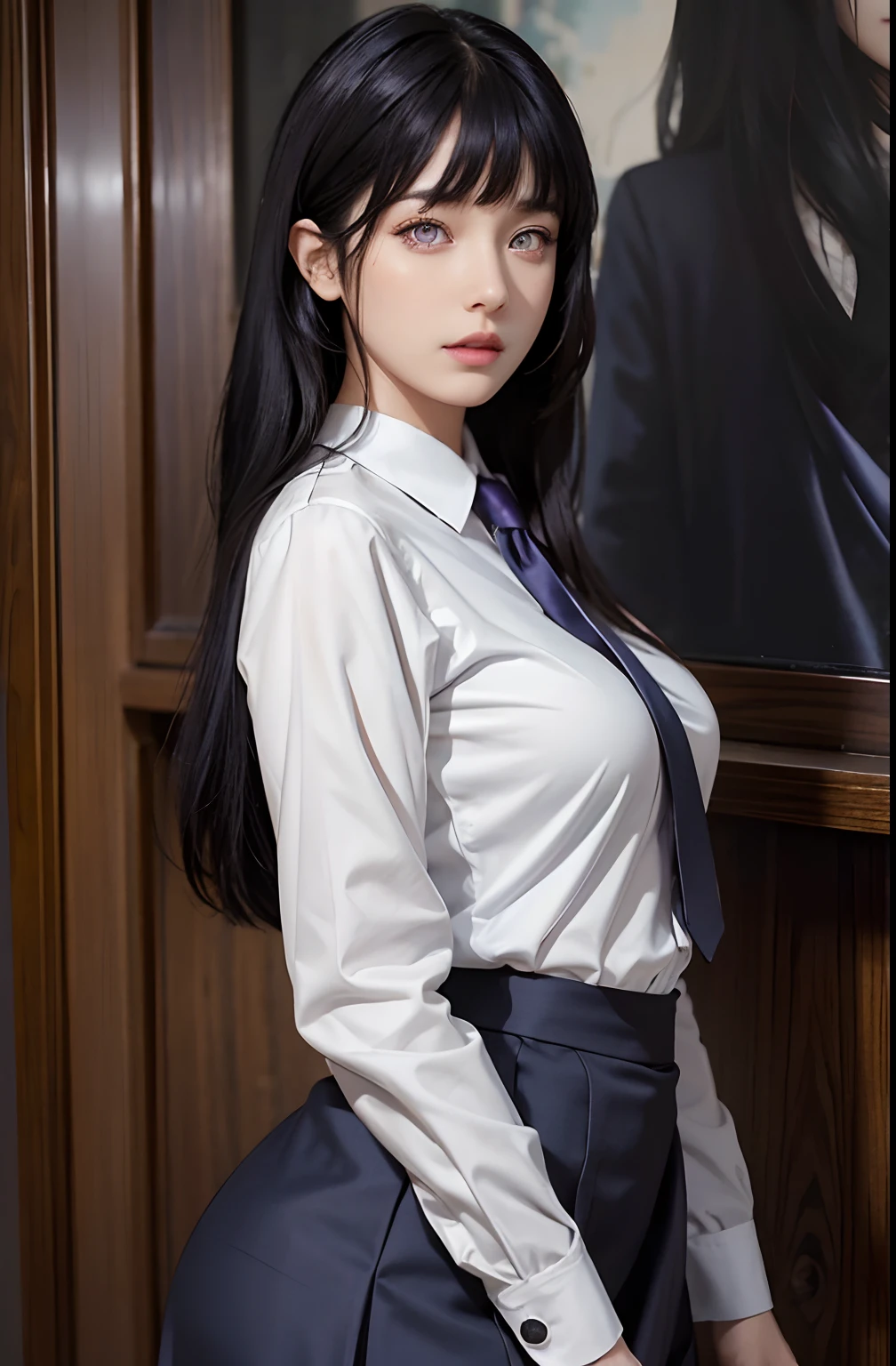 photorealistic, high resolution, 1 women, solo, hips up, look at viewer, (detailed face), wavy dark blue hair, long hair, secretary uniform, skirt, lace, Blunt Bangs, purple eyes