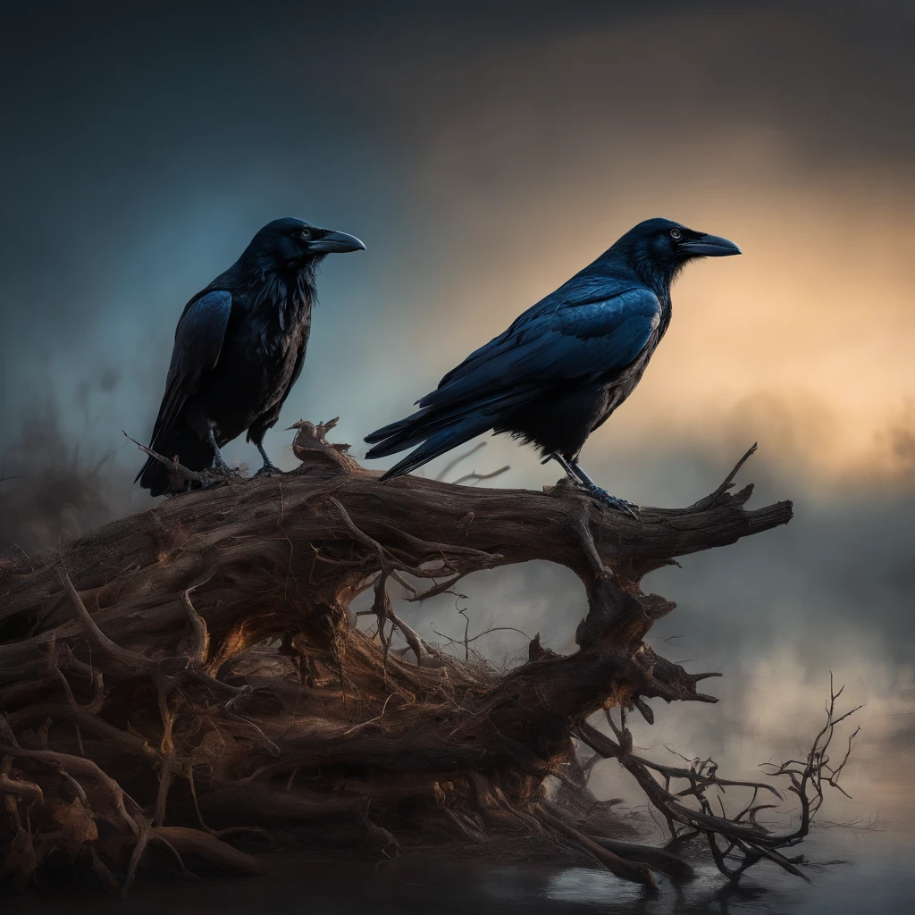 Two crows on a dead tree, A shadow shaped like a walker, Starry night, Thick fog on the ground, Blue light on the horizon, Unreal Engine 5, Cinematic, low angle photography, Motion blur, Depth of field, Dust, Cobblestones and dirt. Splash Art, dripping paint. Perfect color grading. Influenced by Karel Appel and Jeremy Mann, Full of dramatic and threatening scenes, Hyper-detailed, Beautiful, insanely details, Intricate details, editorial photography, shot with a 50mm lens, Depth of field, Tilt Blur, Shutter speed 1/1000, f/22. Lightmaps, Super bright