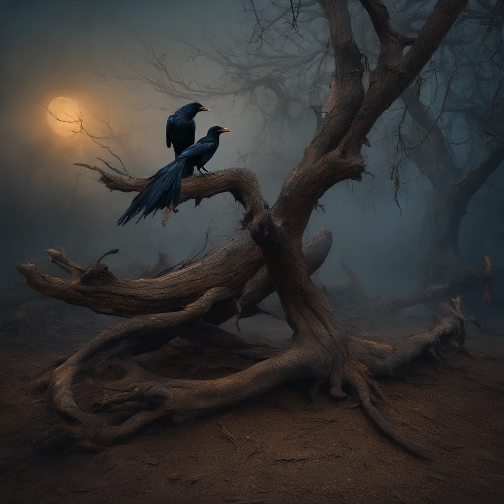 Two crows on a dead tree, A shadow shaped like a walker, Starry night, Thick fog on the ground, Blue light on the horizon, Unreal Engine 5, Cinematic, low angle photography, Motion blur, Depth of field, Dust, Cobblestones and dirt. Splash Art, dripping paint. Perfect color grading. Influenced by Karel Appel and Jeremy Mann, Full of dramatic and threatening scenes, Hyper-detailed, Beautiful, insanely details, Intricate details, editorial photography, shot with a 50mm lens, Depth of field, Tilt Blur, Shutter speed 1/1000, f/22. Lightmaps, Super bright