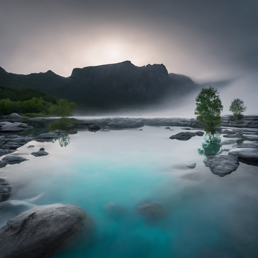 Magnificent view,Forest mountain landscape photography,Nature,It just rained,Bushes in the moonlight,Turquoise blue water,Boulders of various shapes,Alpine cliffs,1 white Phalaenopsis orchid,Minimalist cyan black and white gray tones,foggy sky,Nightmare vision, Dark fantasy plot,Perfect and excellent composition,8K分辨率,the detail,Rain trails,dampness,water stain,very wide angle shot,Jack Guzman's environmental art photography,realisticlying,cinematic compositions,Volumetriclighting,vividness, A detailed, stunning skies, Colorful clouds float,true to life, Pubic area is clear, flawless perfection, Digital SLR, 16k, 1024, 2048, 4096, A detailed, Sharp, best qualtiy, high qulity, absurderes,unmanned background,The is very detailed、Detailed lighting shadows,Trends on ArtStation、iintricate、high detal、dramatics、Midjourney Art(Volumetriclighting:1.2)hdr shot。(Faraway view,Super deep view,ultra-wide-angle,Microfocal length lens:1.2)(realisticlying:1.4)tmasterpiece、high high quality、Beautiful photography、globalillumination、