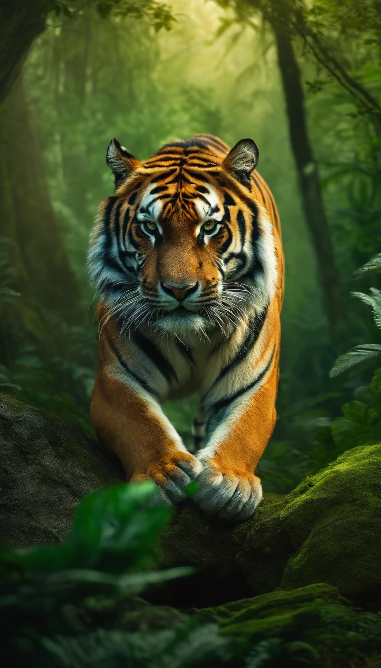 a fierce tiger,In a glowing green forest,photorealestic,realisticlying,Cinematic light,Standing on a large rock。Exceptionally powerful