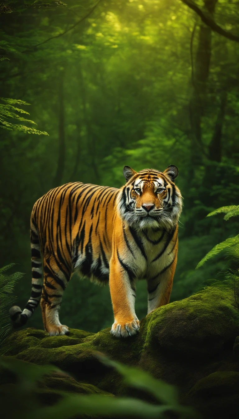 a fierce tiger,In a glowing green forest,photorealestic,realisticlying,Cinematic light,Standing on a large rock。Exceptionally powerful