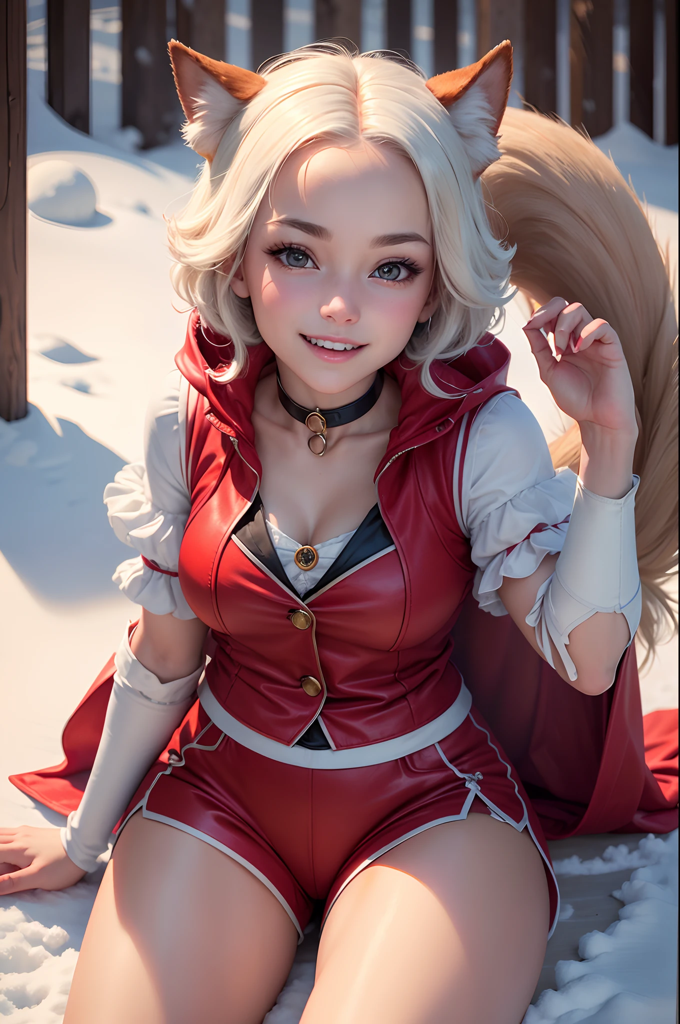 8K,Photorealsitic Raw photography top-quality;1.4) (1 Adult canine female) Super beautiful anthropomorphic dog (Lifelike face) personification Personification of the Snow White dog Wear a red vest with lots of pockets Red shorts Beautiful expression 超A high resolution A smile Precise details Realistic coat
