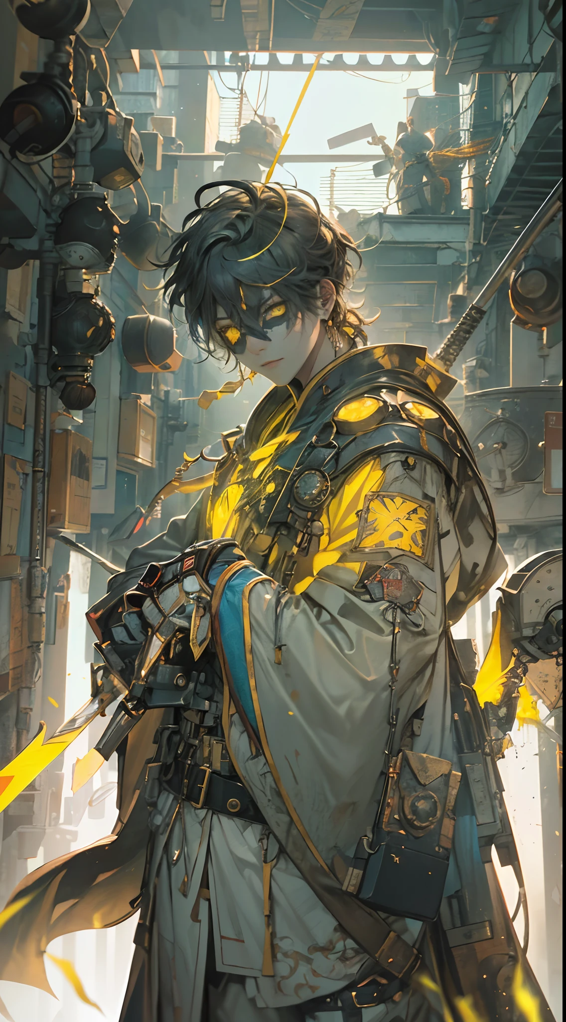 (1 Handsome Man)、Short hair、grey eyes、Toned body、muscular male、traditional Chinese clothing、 wearing an eyepatch、(Top image quality)、(8K picture quality)、(cyberpunked)、(masutepiece)、 (Flickering of light)、(carry a sword)、cinematric light, Cinema Shadow, Sharp Image, Extremely detailed, Volumetric, Bright sprites、particles effect, beautiful effects, Vivid colors, neons, Neon light, Highly detailed image textures, detailed hairs, Detailed eyes, city、Dark hair、Eyes glow、(Yellow aura emanating from clothes:1.5)、Photo from the knee up、