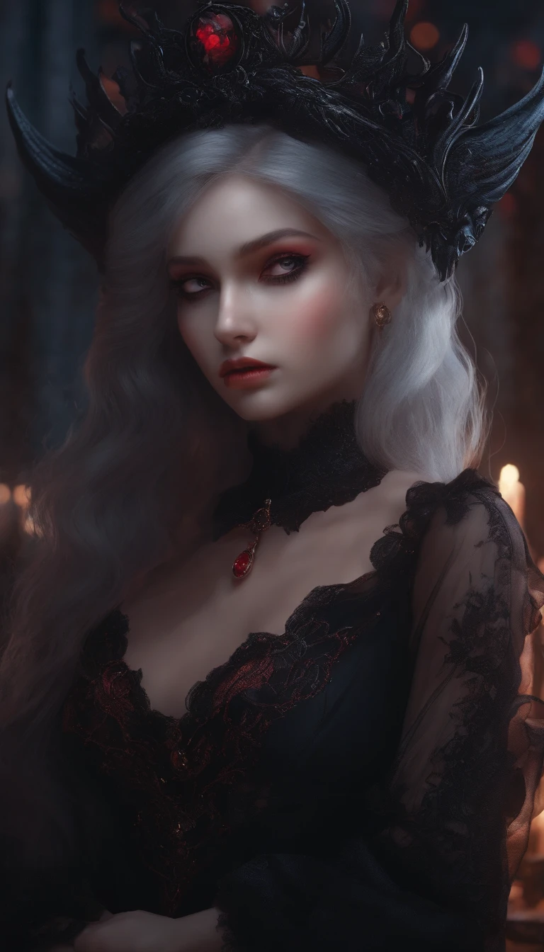 a red-eyed vampire with a puffy black-and-red skirt.her hair is long,white,Let it be curly and fluffy. Your face is red, Hide it with a translucent tulle. 