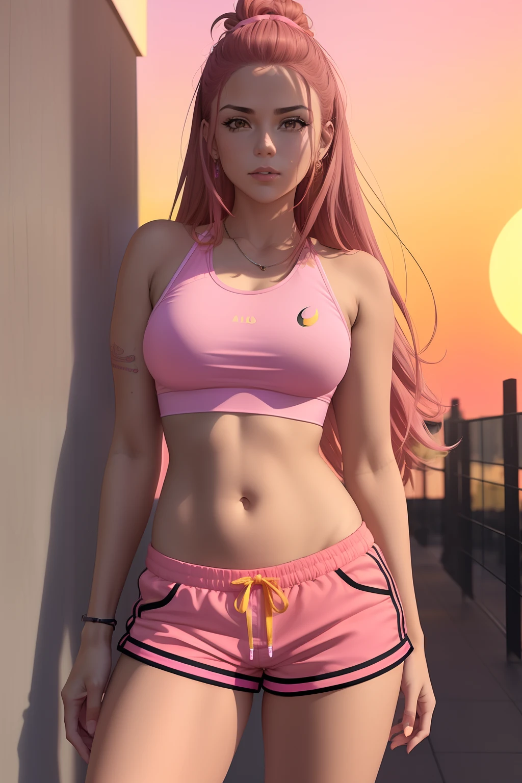 A woman in a pink top and pink panties stands next to a bicycle with a yellow background and, por Quentin Tarantino, 1girl, pulseira, brown_hair, joias, letterboxed, labia, long_hair, maquiagem, medium_breasts, midriff, nail_polish, umbigo, colar, nariz, orange_sky, pink_shorts, realista, shorts, solo, sol, sun sunset, tatuagem, pulseira, yellow_background, yellow_sky, brilho detalhado bonito, detalhado, cinematiclight, detalhe intrincado, highres, detailedfacialfeatures, alto detalhe, foco nítido, suave, aesthetic, extremamente detalhado, carimbo, octano render,