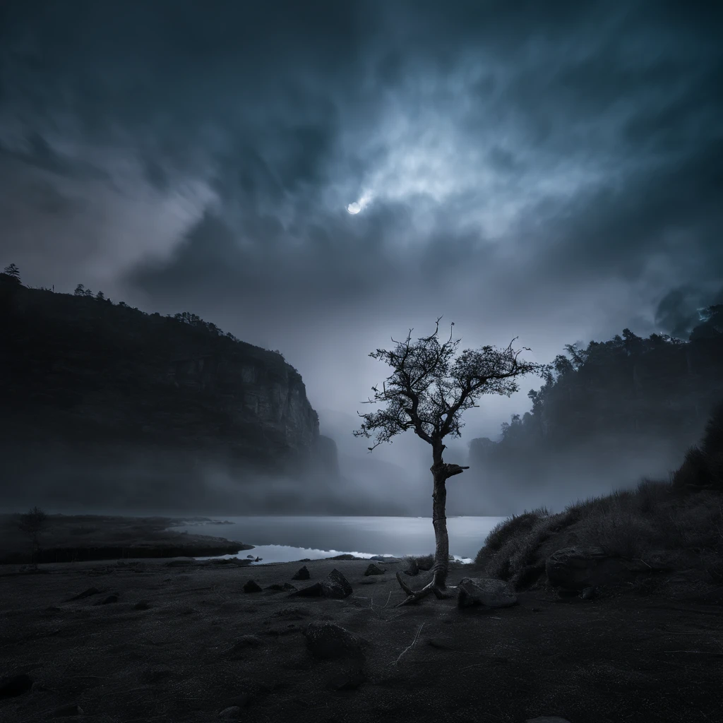 Magnificent view，Forest mountain landscape photography，Nature，It just rained，Bushes in the moonlight，Turquoise blue water，Boulders of various shapes，Alpine cliffs，1 white Phalaenopsis orchid，Minimalist cyan black and white gray tones，foggy sky，Nightmare vision， Dark fantasy plot，Perfect and excellent composition，8K分辨率，the detail，Rain trails，dampness，water stain，very wide angle shot，Jack Guzman's environmental art photography，realisticlying，cinematic compositions，Volumetriclighting，vividness, A detailed, stunning skies, Colorful clouds float，true to life, Pubic area is clear, flawless perfection, Digital SLR, 16k, 1024, 2048, 4096, A detailed, Sharp, best qualtiy, high qulity, absurderes，unmanned background，The is very detailed、Detailed lighting shadows，Trends on ArtStation、iintricate、high detal、dramatics、Midjourney Art（Volumetriclighting：1.2）hdr shot。（Faraway view，Super deep view，ultra-wide-angle，Microfocal length lens：1.2）（realisticlying：1.4）tmasterpiece、high high quality、Beautiful photography、globalillumination、