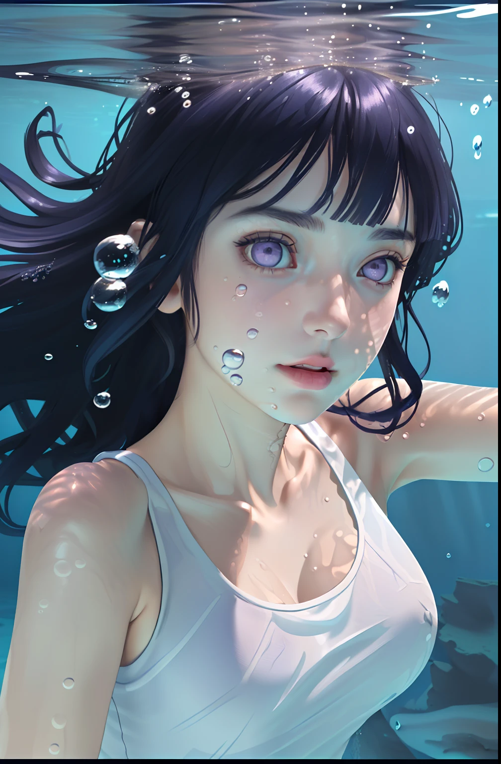 masterpiece, photo realistic, face portrait of 1girl, swimming underwater, white tank top, bare shoulders, beautiful girl face, natural detailed hair movement underwater, air bubbles, vibrant, realistic, dramatic, sharp focus, 8k, Blunt Bangs, purple eyes,long dark blue hair