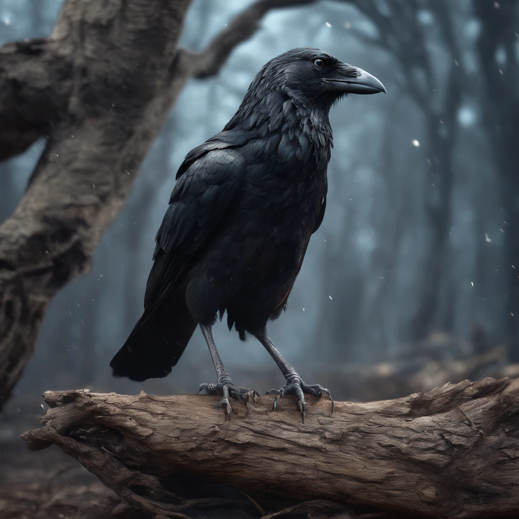 Two crows on a dead tree, A shadow shaped like a walker, Starry night, Thick fog on the ground, Blue light on the horizon, Unreal Engine 5, Cinematic, low angle photography, Motion blur, Depth of field, Dust, Cobblestones and dirt. Splash Art, dripping paint. Perfect color grading. Influenced by Karel Appel and Jeremy Mann, Full of dramatic and threatening scenes, Hyper-detailed, Beautiful, insanely details, Intricate details, editorial photography, shot with a 50mm lens, Depth of field, Tilt Blur, Shutter speed 1/1000, f/22. Lightmaps, Super bright