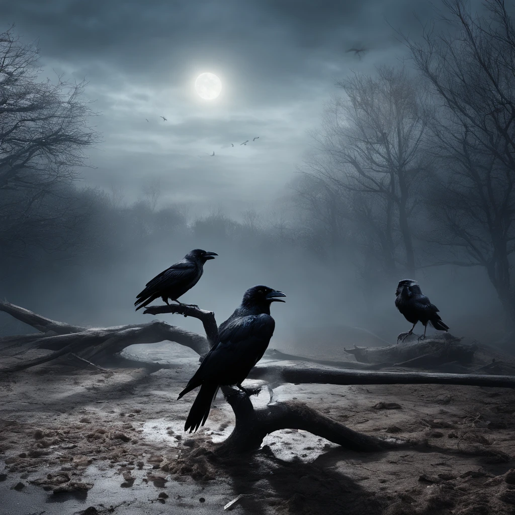 Two crows on a dead tree, A shadow shaped like a walker, Starry night, Thick fog on the ground, Blue light on the horizon, Unreal Engine 5, Cinematic, low angle photography, Motion blur, Depth of field, Dust, Cobblestones and dirt. Splash Art, dripping paint. Perfect color grading. Influenced by Karel Appel and Jeremy Mann, Full of dramatic and threatening scenes, Hyper-detailed, Beautiful, insanely details, Intricate details, editorial photography, shot with a 50mm lens, Depth of field, Tilt Blur, Shutter speed 1/1000, f/22. Lightmaps, Super bright