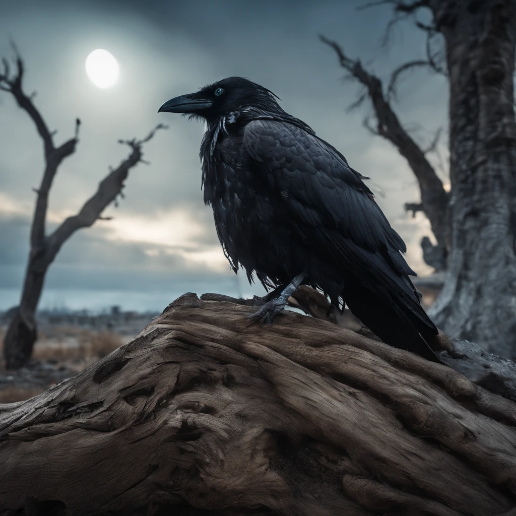 Two crows on a dead tree, A shadow shaped like a walker, Starry night, Thick fog on the ground, Blue light on the horizon, Unreal Engine 5, Cinematic, low angle photography, Motion blur, Depth of field, Dust, Cobblestones and dirt. Splash Art, dripping paint. Perfect color grading. Influenced by Karel Appel and Jeremy Mann, Full of dramatic and threatening scenes, Hyper-detailed, Beautiful, insanely details, Intricate details, editorial photography, shot with a 50mm lens, Depth of field, Tilt Blur, Shutter speed 1/1000, f/22. Lightmaps, Super bright