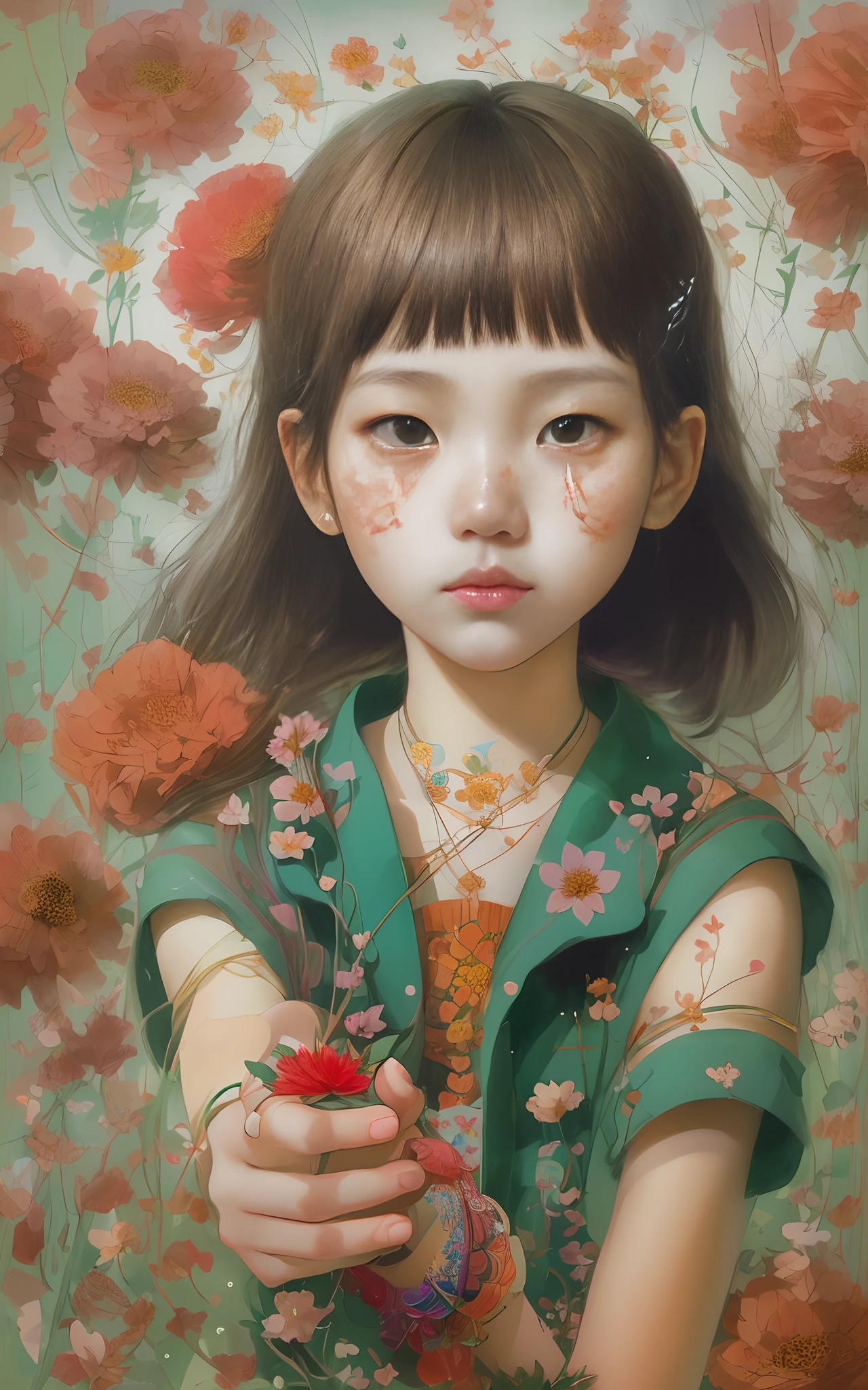 Drawing of a with flowers in her hands, yangjun chen, artwork in the style of guweiz, Beeple and Jeremiah Ketner, beeple and james jean, by Yanjun Cheng, by Chen Lin, a beautiful artwork illustration, inspired by Yanjun Cheng, by Oliver Sin, By Russell Dongjun Lu, by Li Song, A painting "free puberty". that mixed from:(((Fuyuko Matsui, Tsuguharu Foujita, Tutomu Nihei, Shintaro Kago, Aya Takano, Katsuhiro Otomo))), also Implication of these elements:(((teenager, Lofi girl, Japanese school girl, satire on a sexually consuming society, personal desire, puberty, body-fetish, naturism, with metaphors sexual motif, with metaphor of sexual desire, contemporary art, photo))), (((perfect anatomy))), (((high detail))), 8k