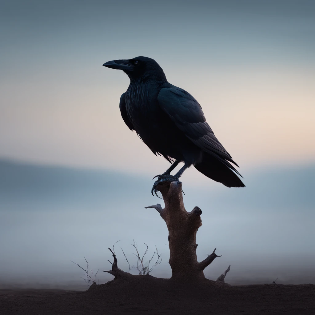 Two crows on a dead tree, A shadow shaped like a walker, Starry night, Thick fog on the ground, Blue light on the horizon, Unreal Engine 5, Cinematic, low angle photography, Motion blur, Depth of field, Dust, Cobblestones and dirt. Splash Art, dripping paint. Perfect color grading. Influenced by Karel Appel and Jeremy Mann, Full of dramatic and threatening scenes, Hyper-detailed, Beautiful, insanely details, Intricate details, editorial photography, shot with a 50mm lens, Depth of field, Tilt Blur, Shutter speed 1/1000, f/22. Lightmaps, Super bright