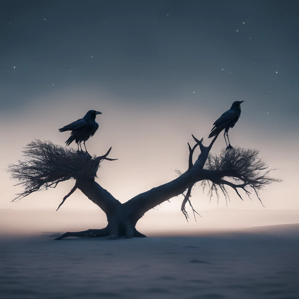 Two crows on a dead tree, A shadow shaped like a walker, Starry night, Thick fog on the ground, Blue light on the horizon, Unreal Engine 5, Cinematic, low angle photography, Motion blur, Depth of field, Dust, Cobblestones and dirt. Splash Art, dripping paint. Perfect color grading. Influenced by Karel Appel and Jeremy Mann, Full of dramatic and threatening scenes, Hyper-detailed, Beautiful, insanely details, Intricate details, editorial photography, shot with a 50mm lens, Depth of field, Tilt Blur, Shutter speed 1/1000, f/22. Lightmaps, Super bright