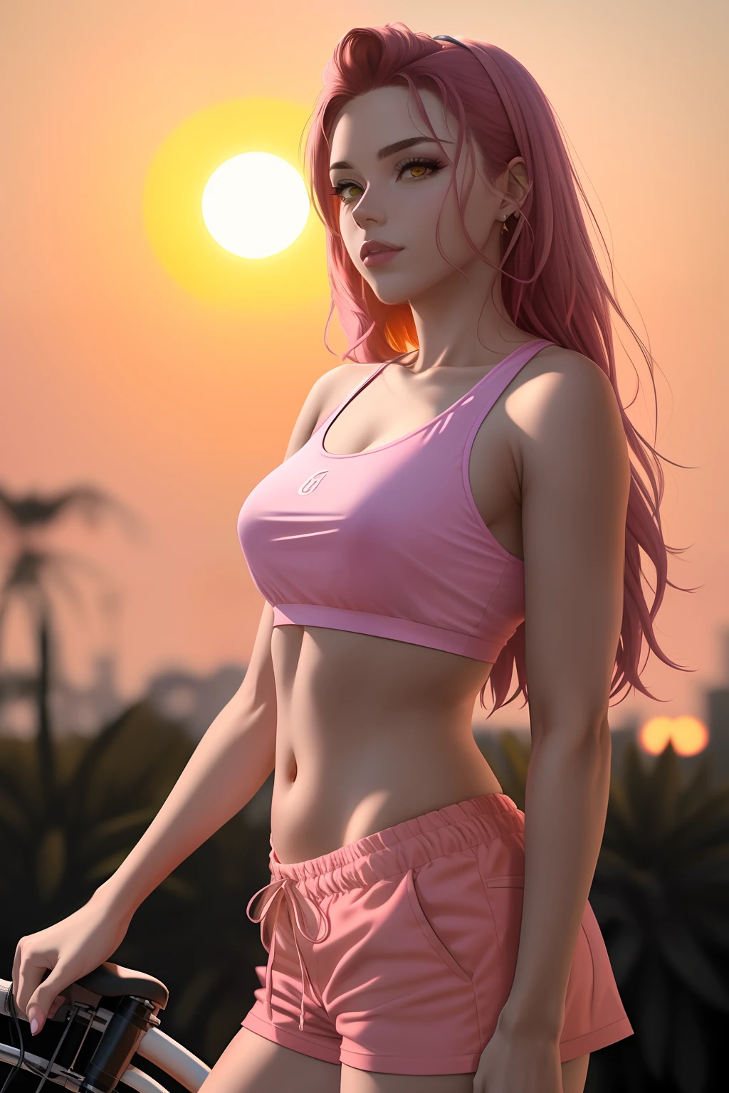 A woman in a pink top and pink panties stands next to a bicycle with a yellow background and, por Quentin Tarantino, 1girl, pulseira, brown_hair, joias, letterboxed, labia, long_hair, maquiagem, medium_breasts, midriff, nail_polish, umbigo, colar, nariz, orange_sky, pink_shorts, realista, shorts, solo, sol, sun sunset, tatuagem, pulseira, yellow_background, yellow_sky, brilho detalhado bonito, detalhado, cinematiclight, detalhe intrincado, highres, detailedfacialfeatures, alto detalhe, foco nítido, suave, aesthetic, extremamente detalhado, carimbo, octano render,