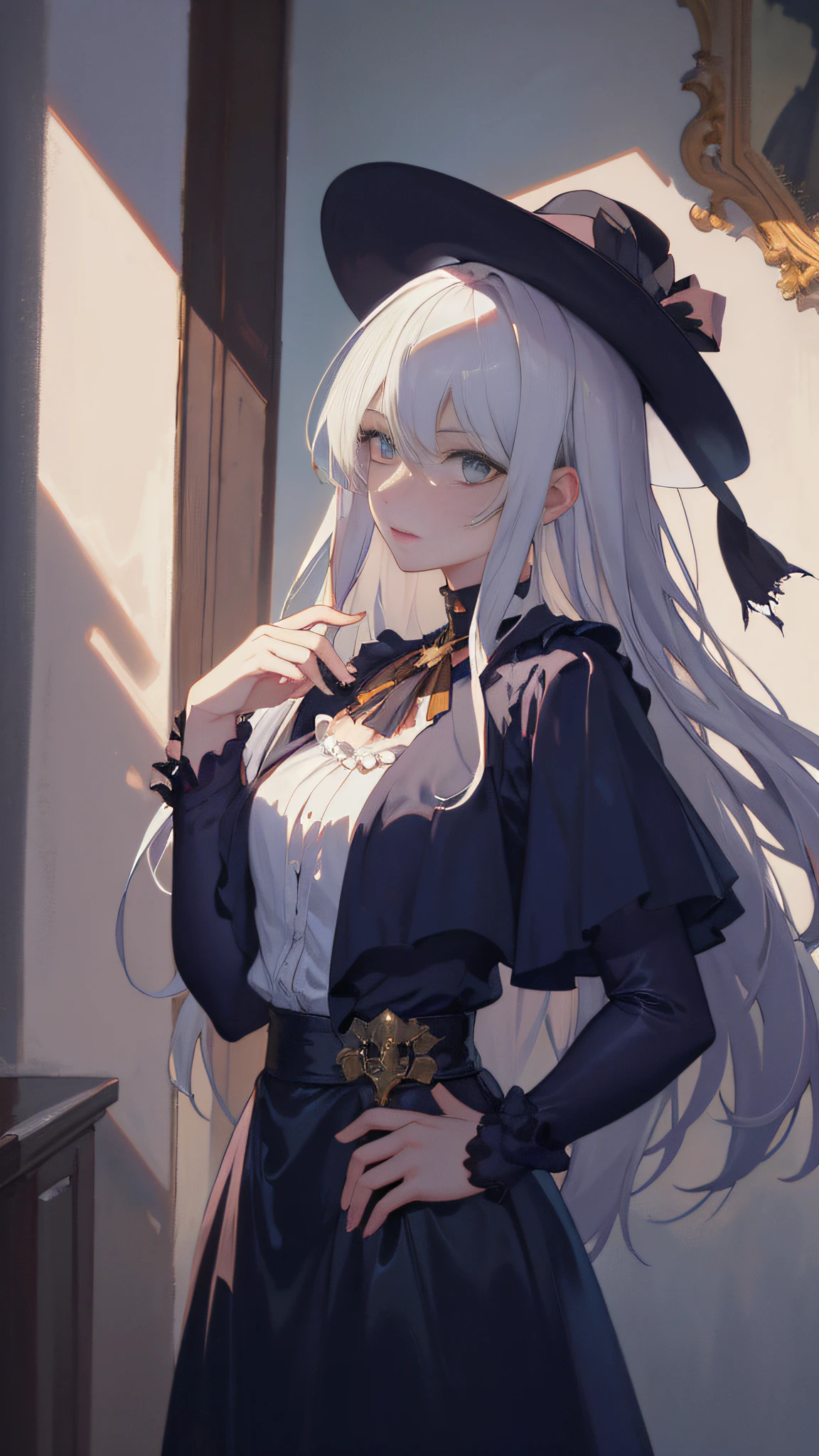 (Surrealist portrait of a woman), (dark fantasy art: 1.6), David Hockney and Alphonse Mucha's style, Amazing realism, Dynamic lighting, 4K resolution, high detailed facial features, Award-winning, Cowboy Shot, (official clothing: 1.4), long, White hair, Deep Shadows.