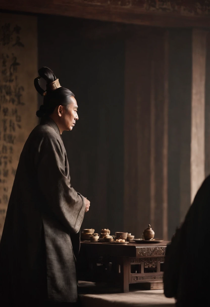 Capture a darkened imperial court, with shadowy figures representing the corrupt officials of the Eastern Han dynasty huddled around the emperor. The atmosphere should be ominous, highlighting the corruption and treachery. three kingdoms era, ancient emperor, ancient chinese, chinese emperor