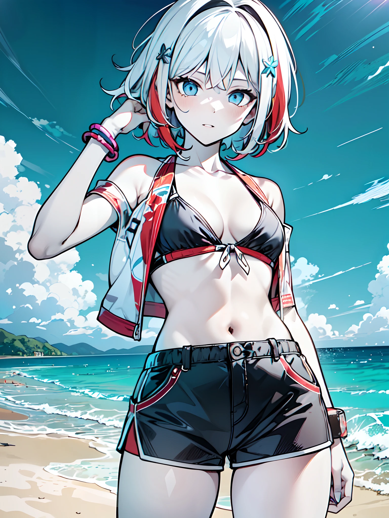 (masterpiece:1.2), (pale skin:1.2), (solo:1.2), (female:1.1), (emphasis lines:1.3), (adult:1.2), blue eyes, white hair, red hair, bangs, bracelets, short hair, (shorts:1.2), (bikini bra:1.2), (collarbone:1.1), (bare shoulders:1.1), (beach:1.2), sand, palm tree, sea, cloudy sky